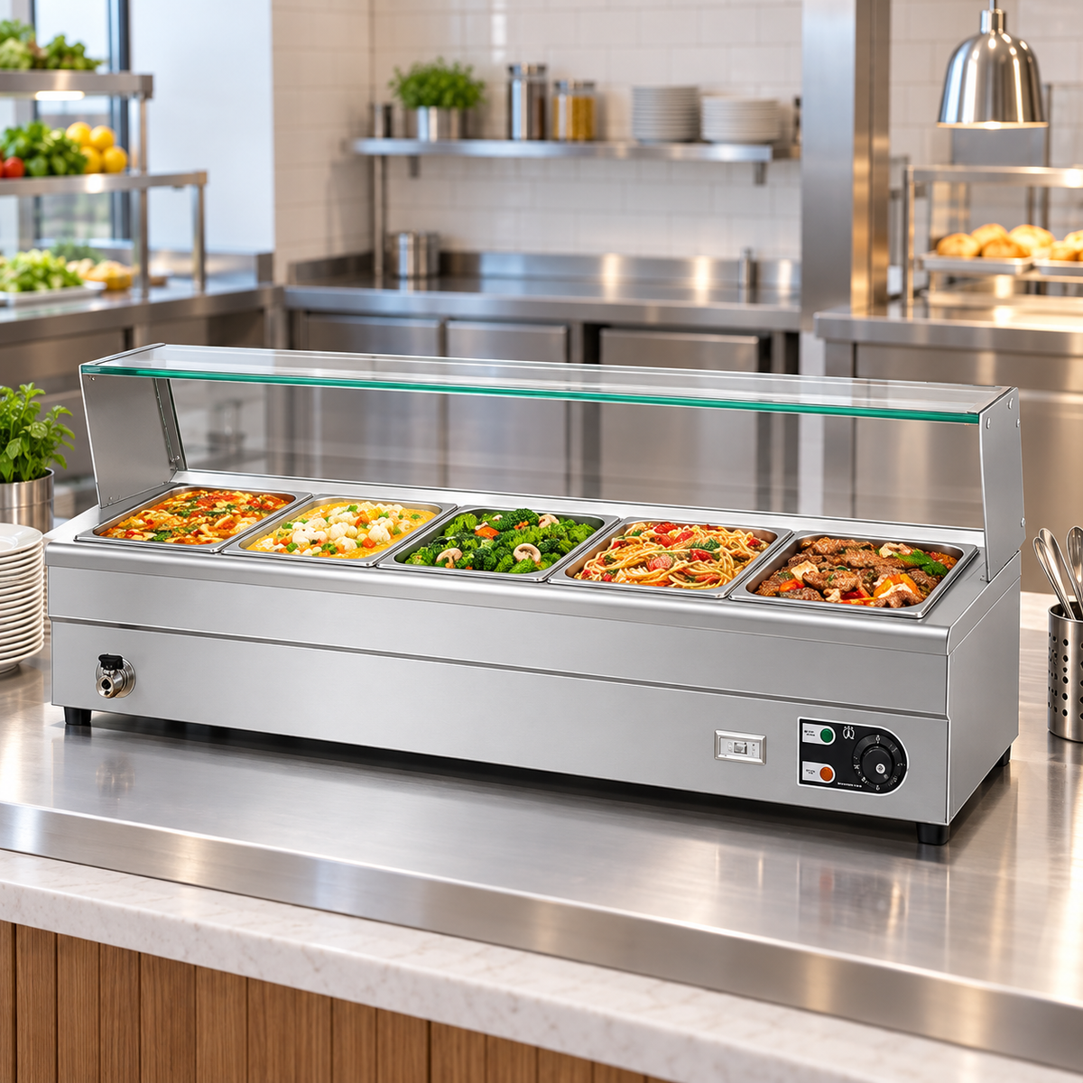 HBM-25 Electric Bain Marie with Glass Counter | 5 × 1/2 GN | 1.8KW Stainless Steel Buffet Food Warmer