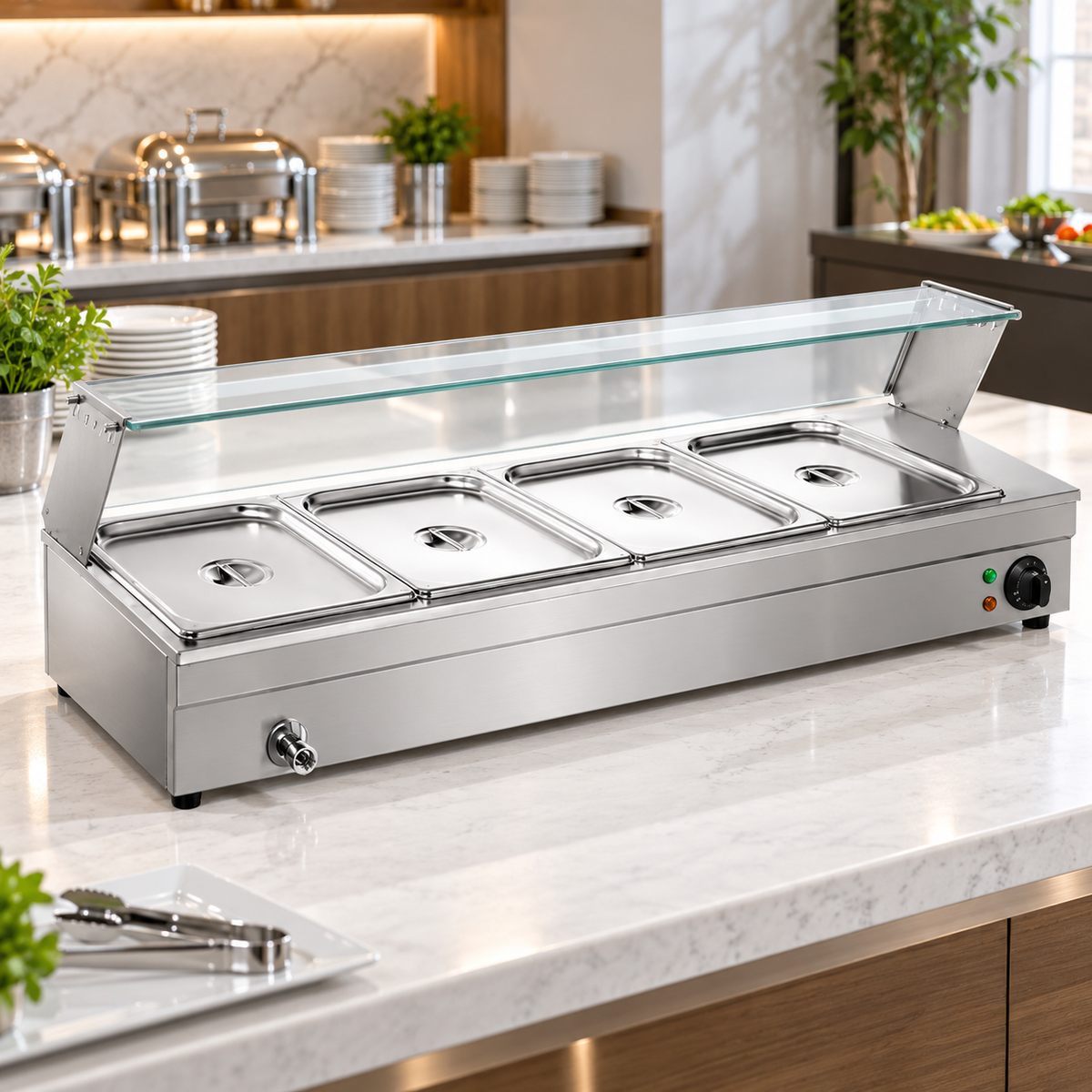 GN HBM-23-24 Electric Bain Marie with Glass Counter | 4 × 1/2 GN | 1.5KW Stainless Steel Food Warmer