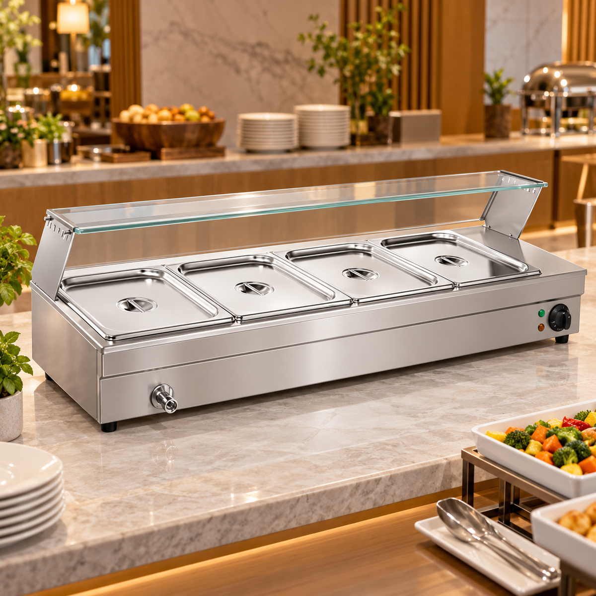 GN HBM-23-24 Electric Bain Marie with Glass Counter | 4 × 1/2 GN | 1.5KW Stainless Steel Food Warmer