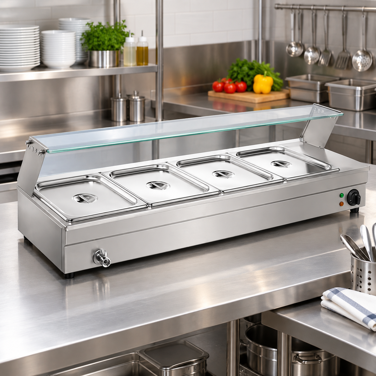 GN HBM-23-24 Electric Bain Marie with Glass Counter | 4 × 1/2 GN | 1.5KW Stainless Steel Food Warmer