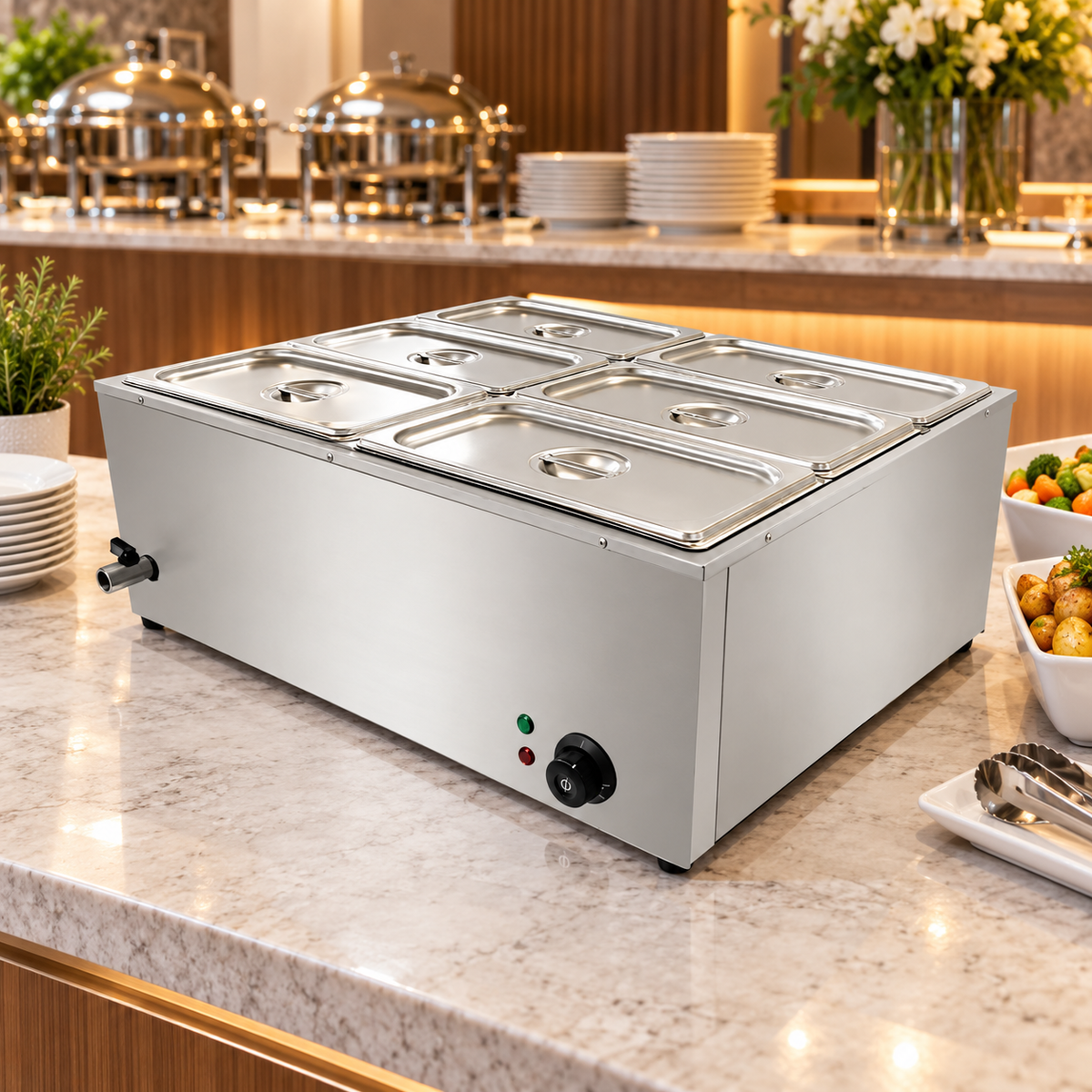 HB-750 Electric Bain Marie 6 × 1/3 GN | 1.5KW Stainless Steel Countertop Food Warmer