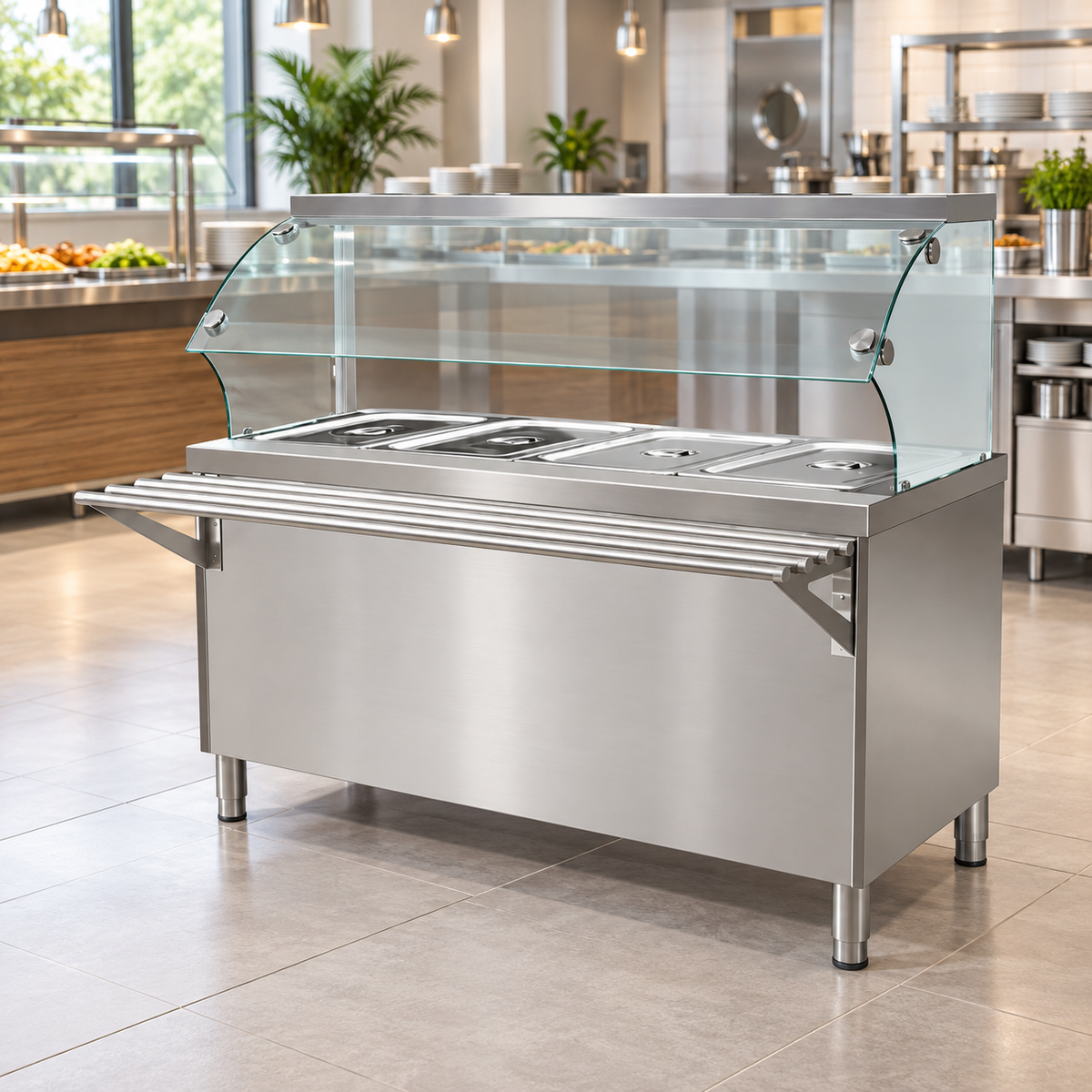 Commercial Bain Marie 4 × 1/1 GN with Open Cabinet & Sneeze Guard | 1.5KW Stainless Steel Food Warmer | Made in UAE