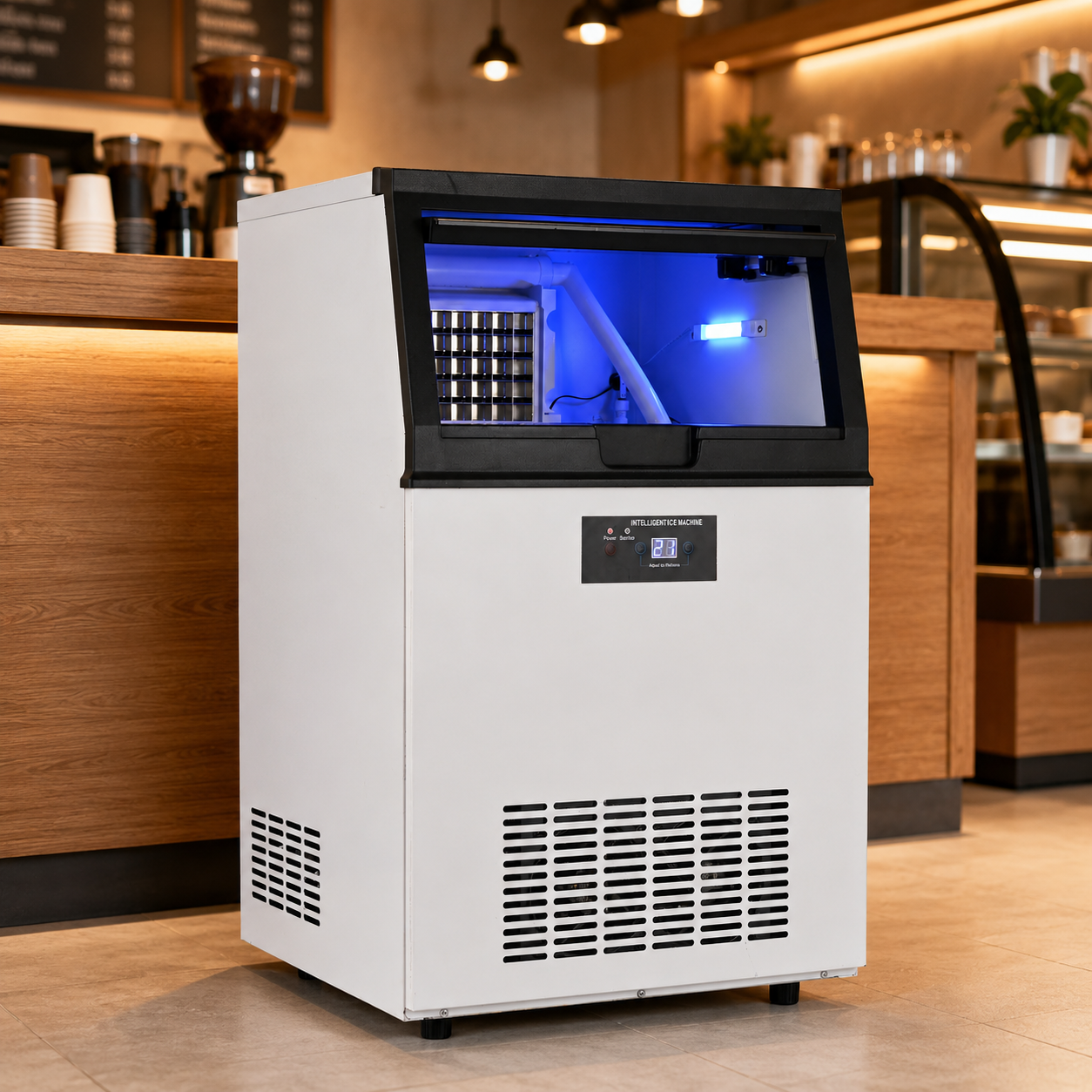 Integrated Ice Maker Machine, 100-110KGS/24H Stainless Steel Under Counter ice Machine with 15KGS Ice Storage Capacity, Freestanding Ice Maker