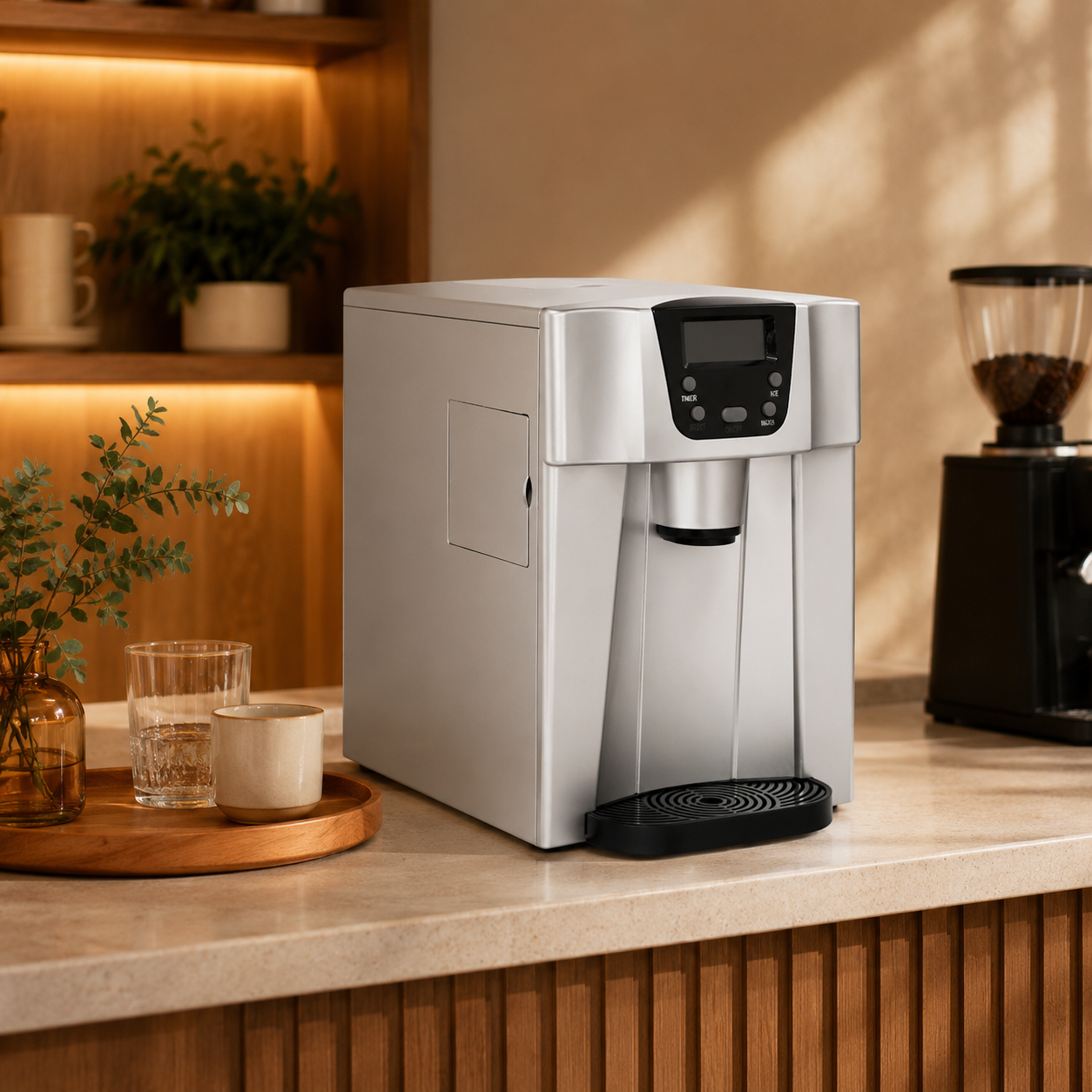 3-in-1 Countertop Ice Maker & Cold Water Dispenser – 15KG/Day, 2L Tank, Silver