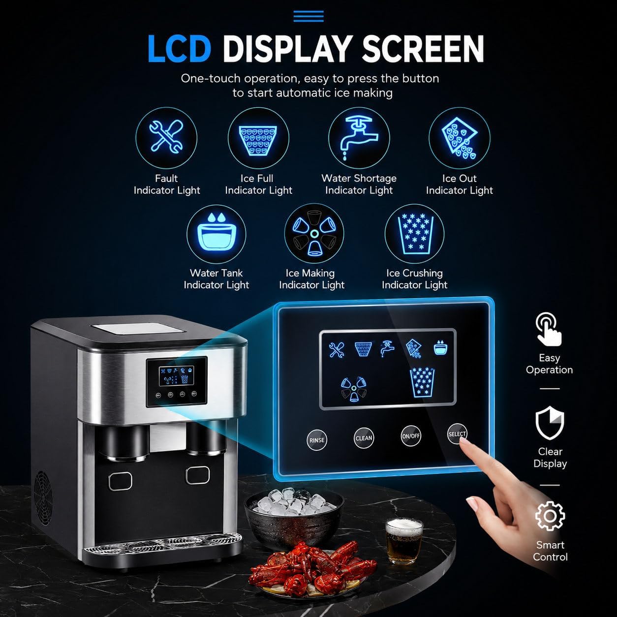 3-in-1 Countertop Ice Maker Machine – Ice Cubes, Crushed Ice & Cold Water Dispenser with Touch LCD
