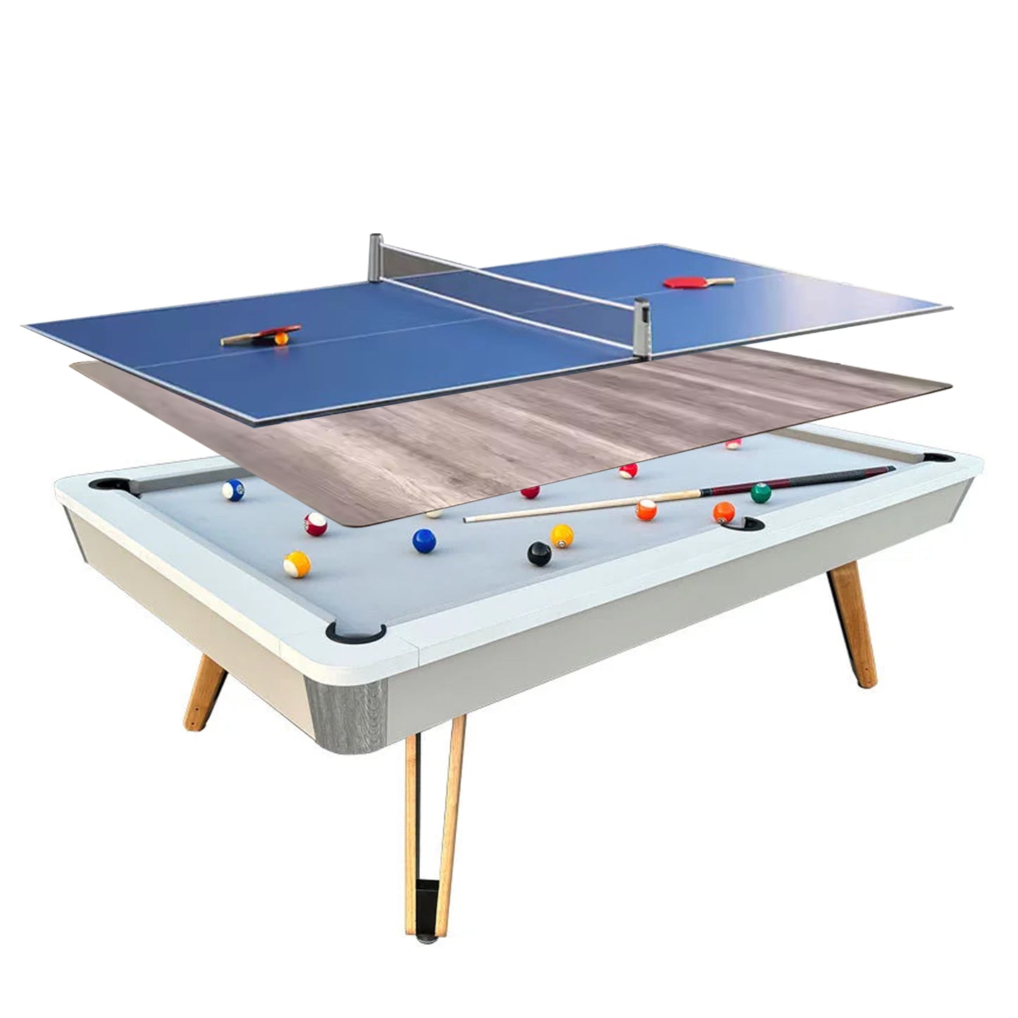 8-ft 3 IN 1 Professional Billiard Pool Tables with Full Accessory Pool Table with Table Tennis Top - White with Grey Felt