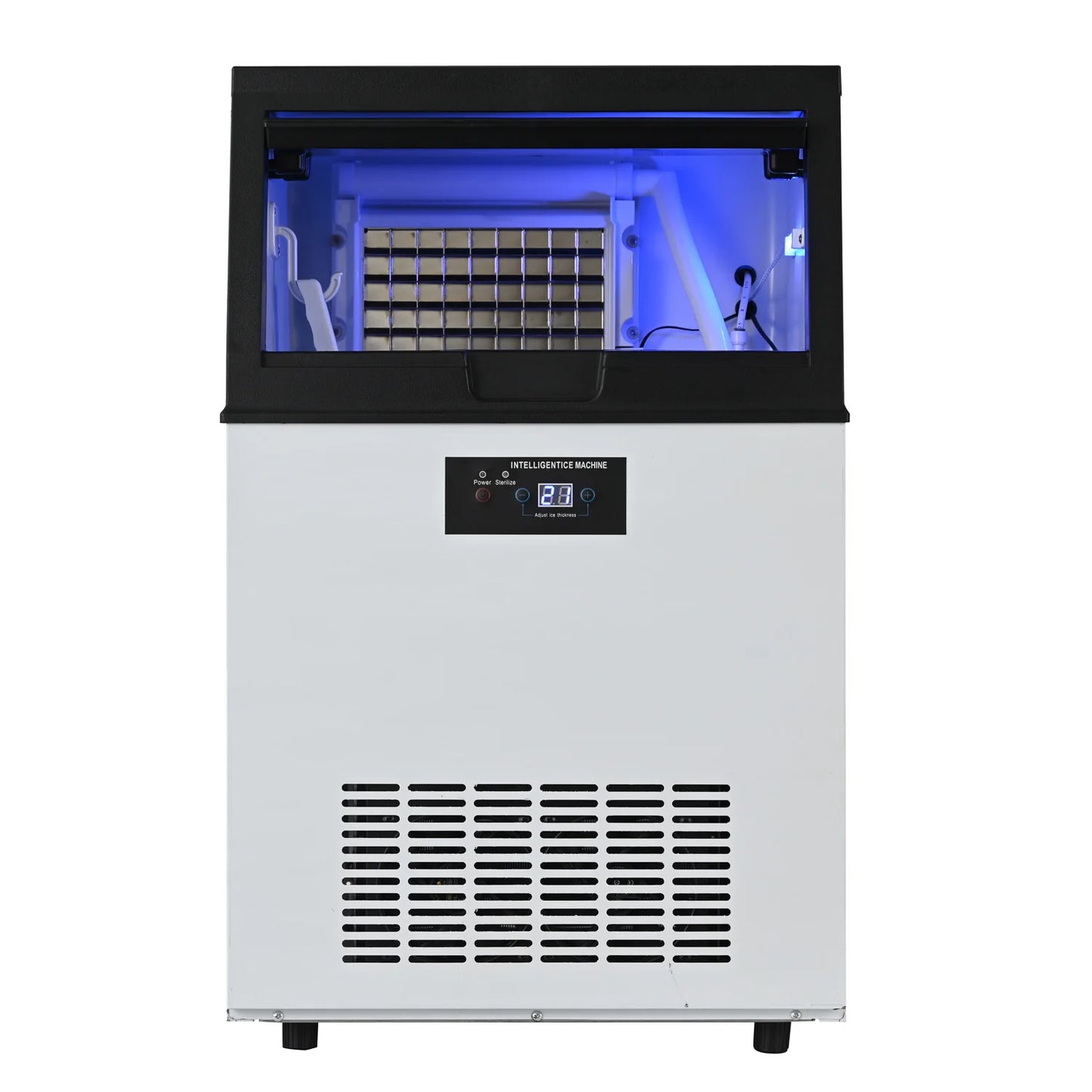 Integrated Ice Maker Machine, 100-110KGS/24H Stainless Steel Under Counter ice Machine with 15KGS Ice Storage Capacity, Freestanding Ice Maker