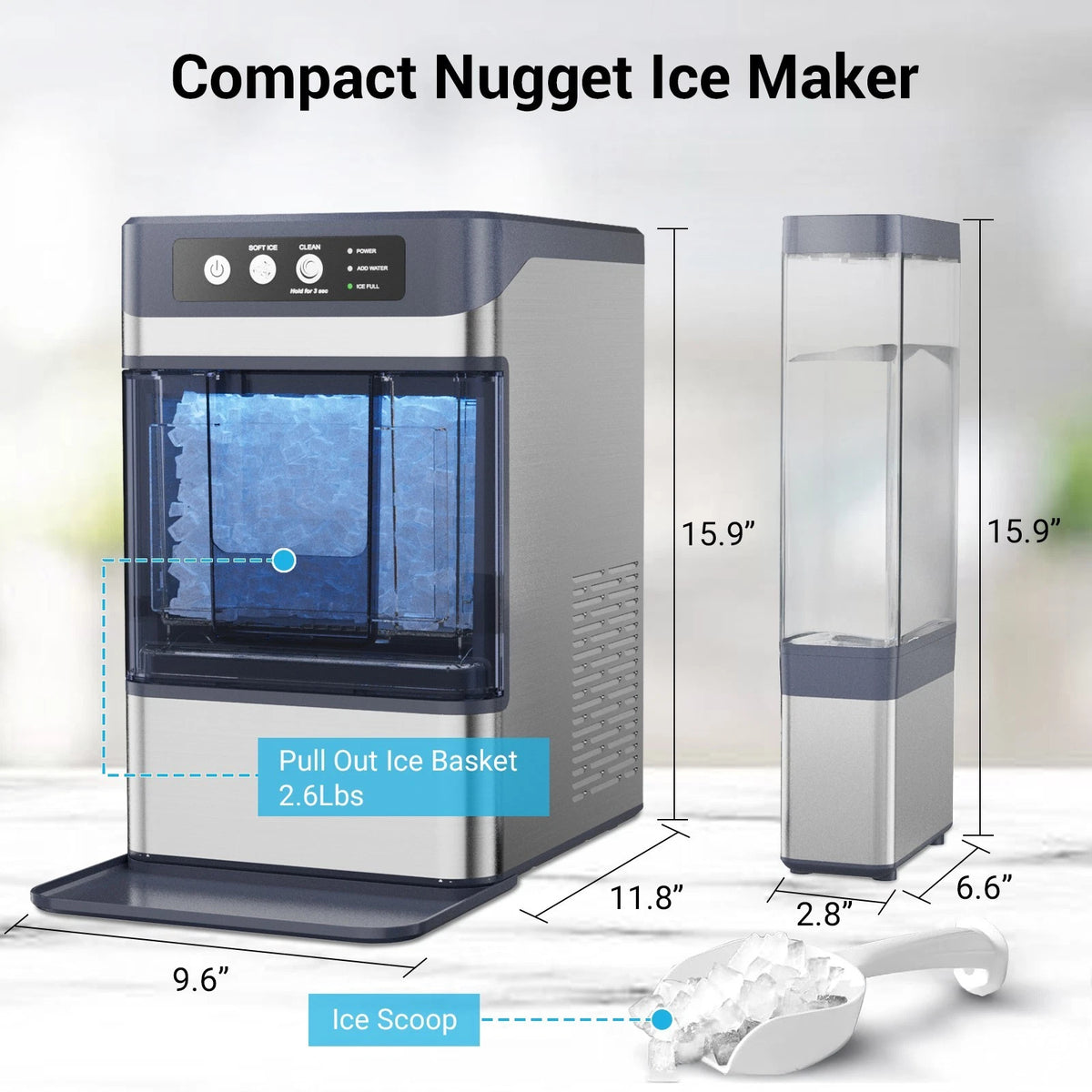 Stainless Steel Self-Cleaning Countertop Ice Maker 38 Lbs 17kg Daily Output Electric for Hotels