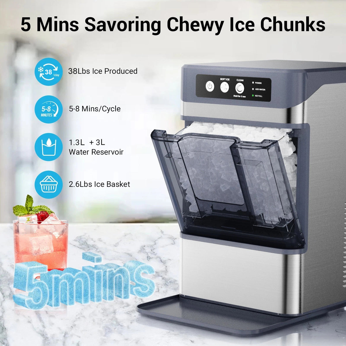 Stainless Steel Self-Cleaning Countertop Ice Maker 38 Lbs 17kg Daily Output Electric for Hotels