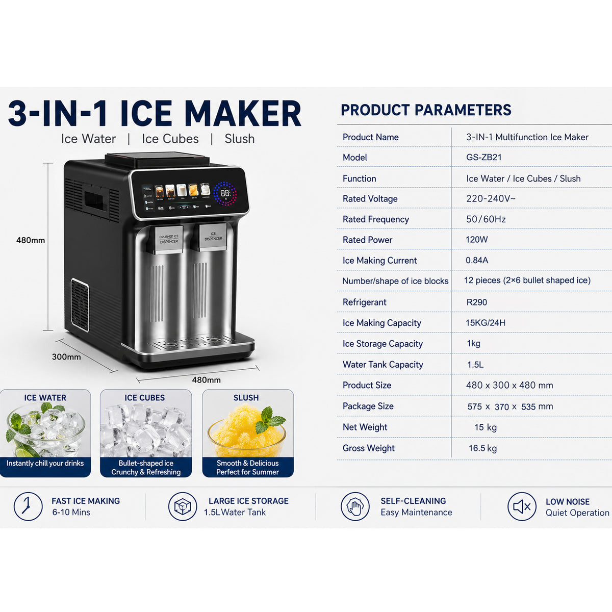 Stainless Steel Multi Functional Ice Maker 3 Functions Cubes Slush Coldwater With Intelligent Large-Screen Digital
