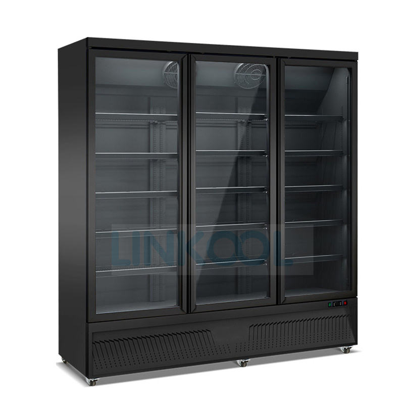 Vertical Refrigeration Equipment Air Cooler for Supermarket Beverage Display Glass Door Bar Three door upright beverage chiller Full black Glass Door
