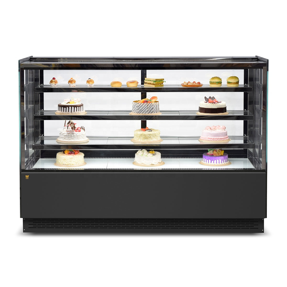 Cake Showcase Three Layers Square Glass Bakery Cake Display Fridge Chiller Commercial Cake Display Freezer Black Marble Bakery Pastry Commercial Single-Temperature Refrigerated Bakery Display Cooler Black Vertical Right Angle Cake Display Cabinet