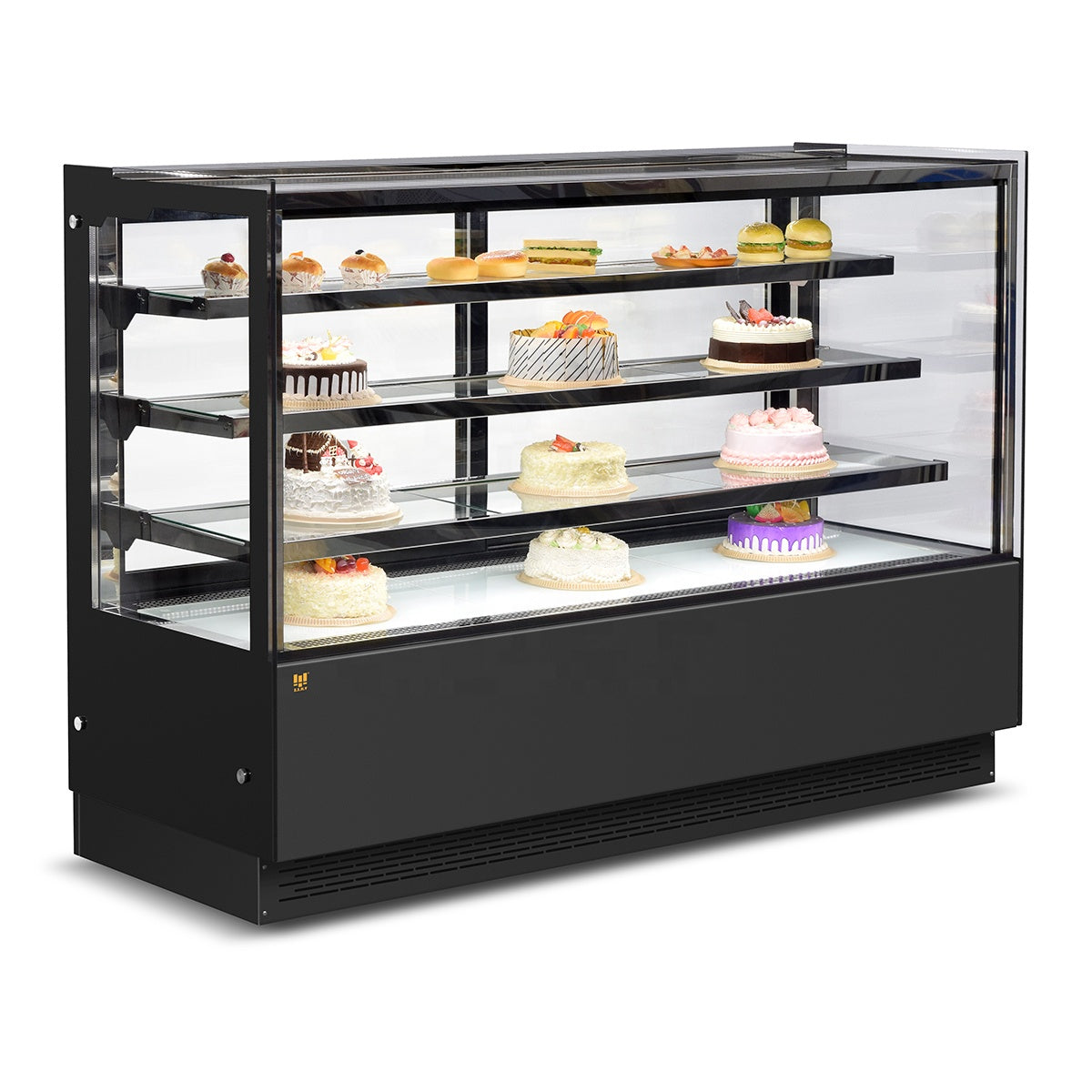 Cake Showcase Three Layers Square Glass Bakery Cake Display Fridge Chiller Commercial Cake Display Freezer Black Marble Bakery Pastry Commercial Single-Temperature Refrigerated Bakery Display Cooler Black Vertical Right Angle Cake Display Cabinet