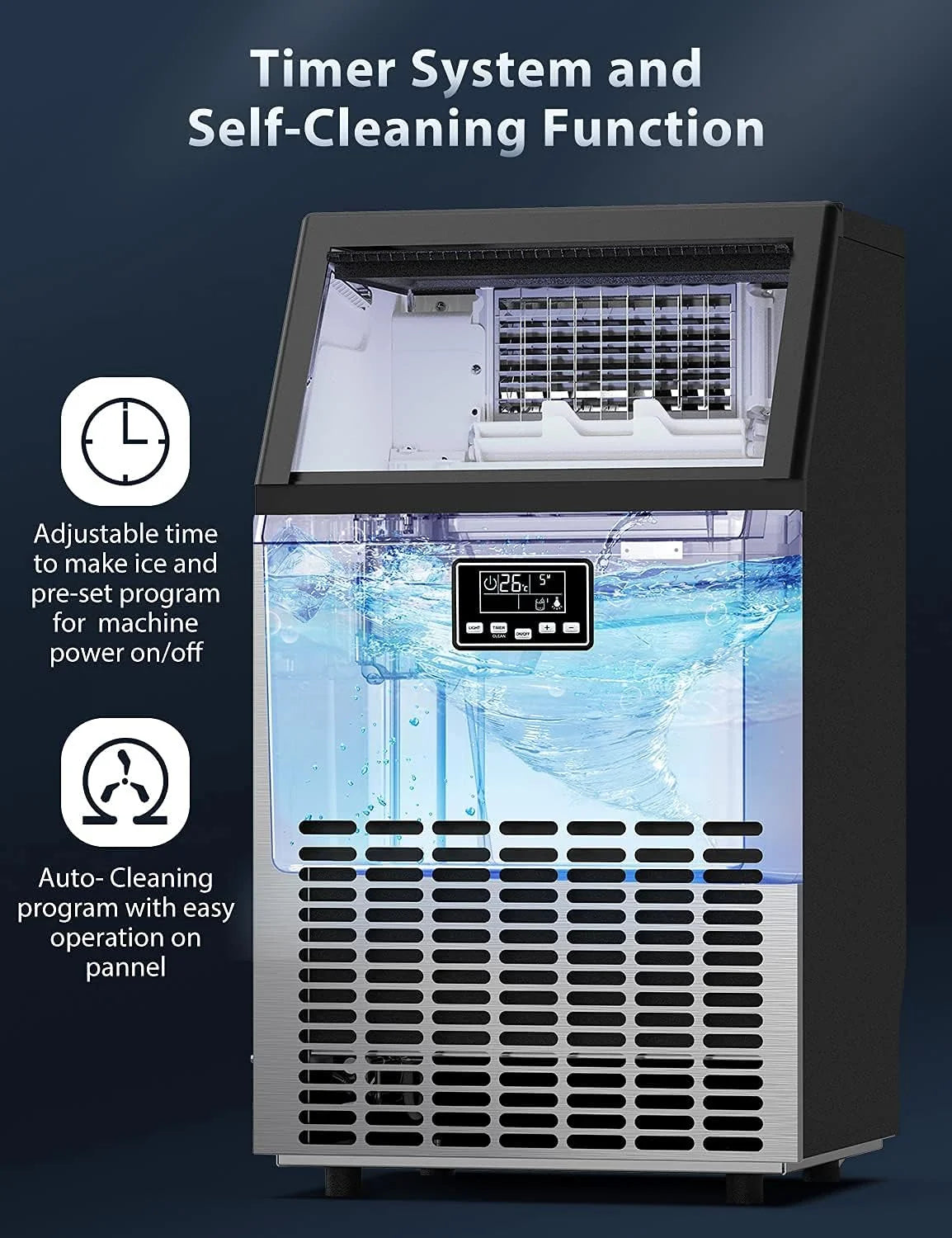Commercial Ice Maker Machine 80KG/24H – 66 Cubes Per Cycle, 15KG Storage, LCD Display, Self-Cleaning & Automatic Water Supply