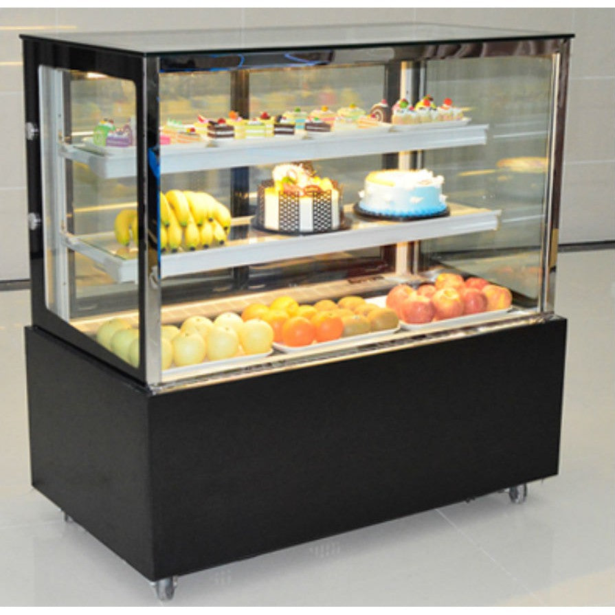 Cake Showcase Three Layers Square Glass Bakery Cake Display Fridge Chiller Commercial Cake Display Freezer Black Marble Bakery Pastry Commercial Single-Temperature Refrigerated Bakery Display Cooler Black Vertical Right Angle Cake Display Cabinet