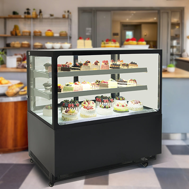 Cake Showcase Three Layers Square Glass Bakery Cake Display Fridge Chiller Commercial Cake Display Freezer Black Marble Bakery Pastry Commercial Single-Temperature Refrigerated Bakery Display Cooler Black Vertical Right Angle Cake Display Cabinet