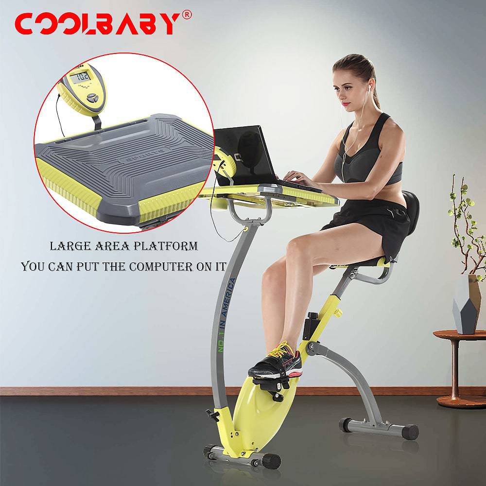 COOLBABY Home Exercise Bike, Super Quiet, Two-way Folding, Magnetic Control, Spinning Bike, With a Computer Desk