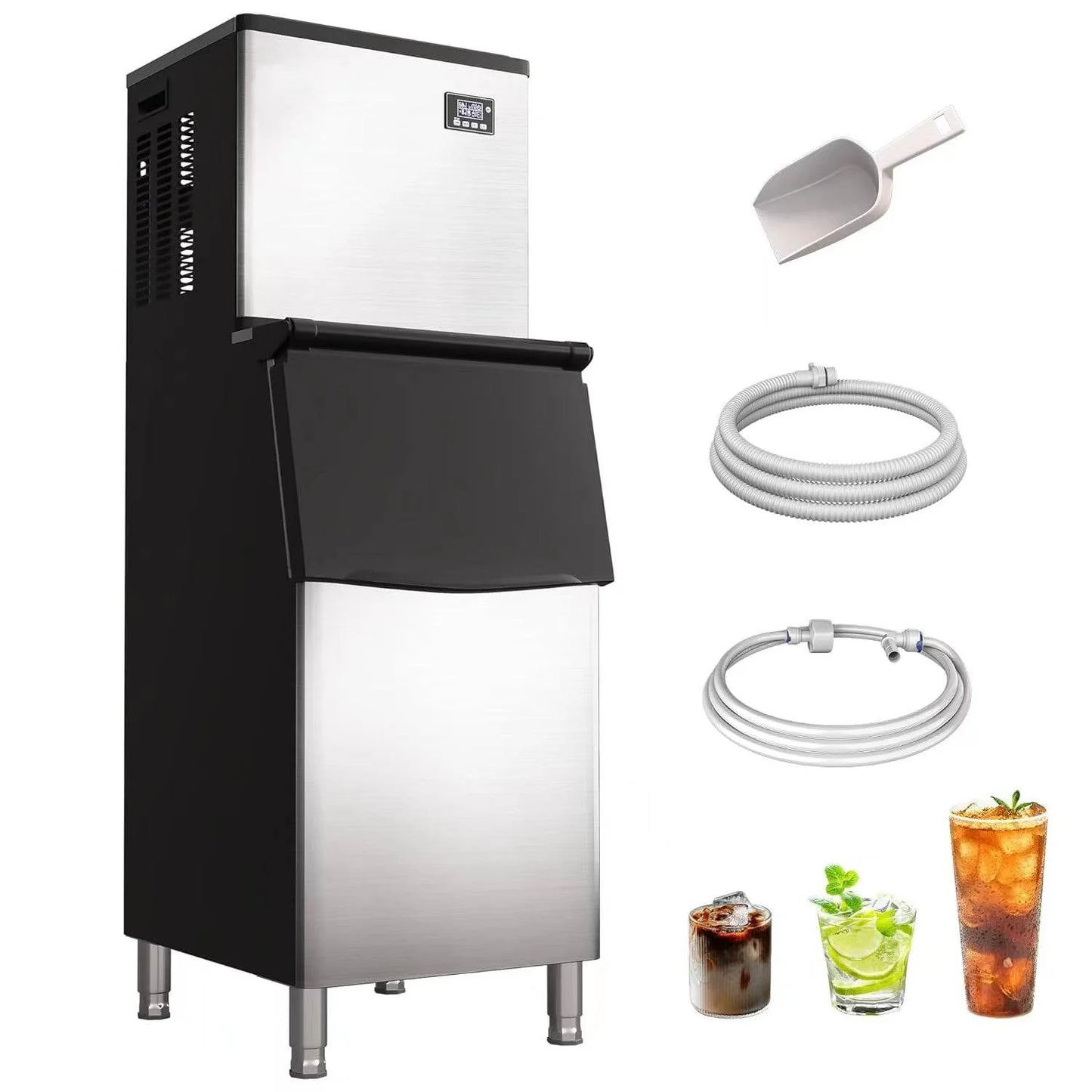 Commercial Ice Maker Machine 250KG/300KG/350KG per 24 Hours – Freestanding Stainless Steel Ice Machine with 220KG Storage for Restaurants, Cafés, Bars & Hotels