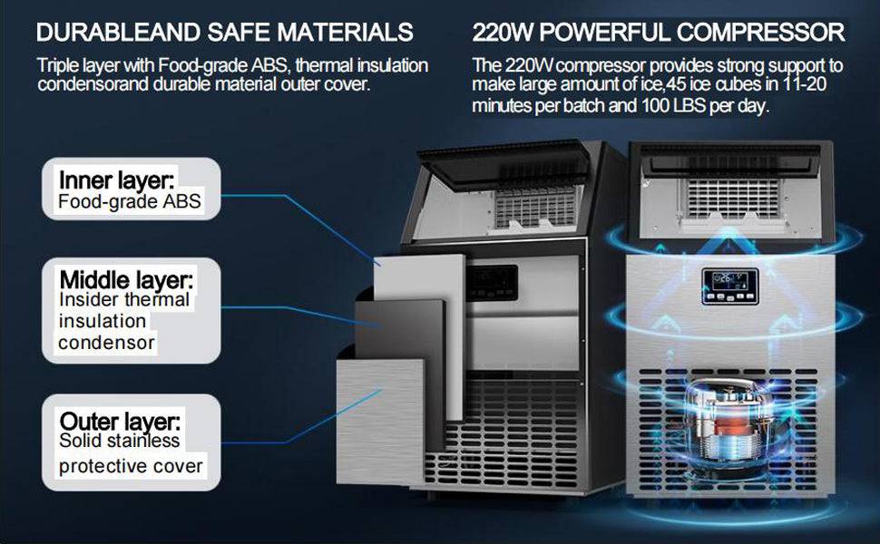 Coolbaby Commercial lce Maker lce Machine Self Clean, 66 Cubes per Batchin 11-18 Minutes 80 KG/24H,15KG Storage Bin, Advanced LCD Panel