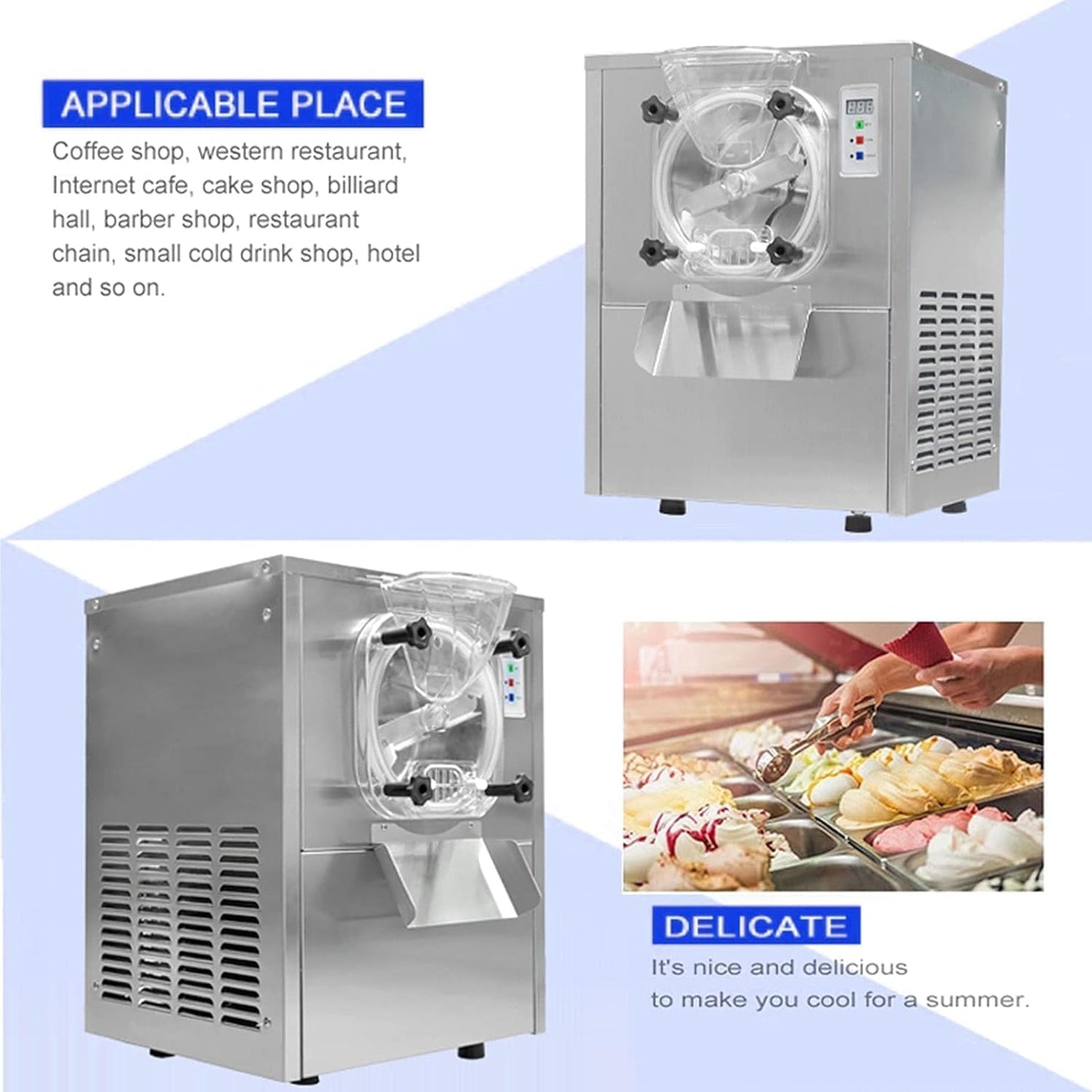 COOLBABY Commercial Desktop Ice Cream Making Machine, Gelato, Stainless Steel, 5.3 Gal/H, 1400W