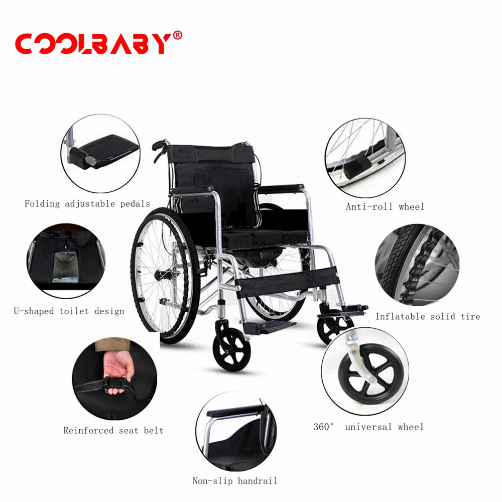 COOLBABY SSZ-LY06: Foldable Lightweight Disabled Wheelchair with Handbrake and Potty - Sturdy Thickened Steel Pipe Design for Elderly Comfort (Black) - coolbabymalls