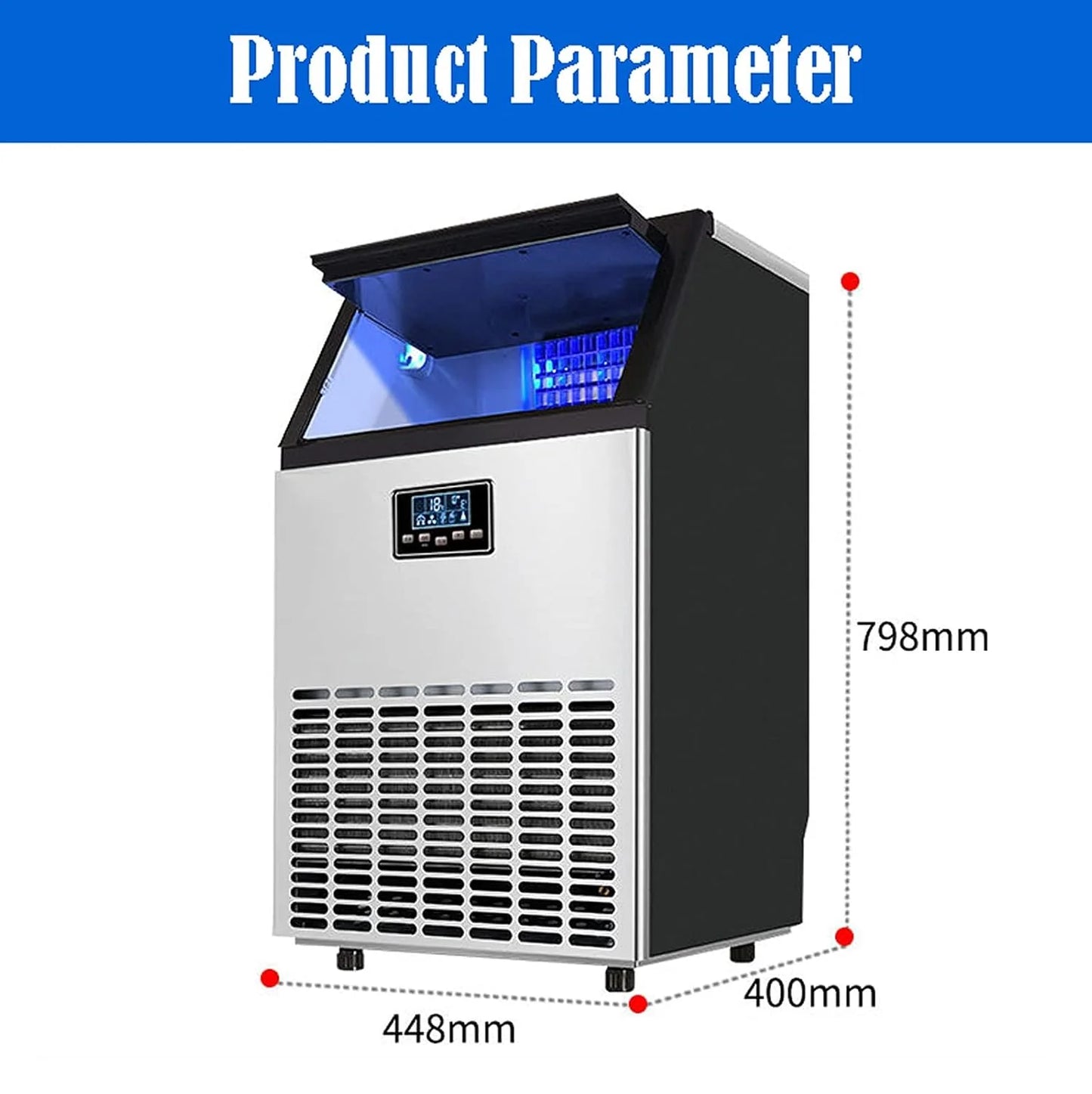 Coolbaby Commercial lce Maker lce Machine Self Clean, 66 Cubes per Batchin 11-18 Minutes 80 KG/24H,15KG Storage Bin, Advanced LCD Panel