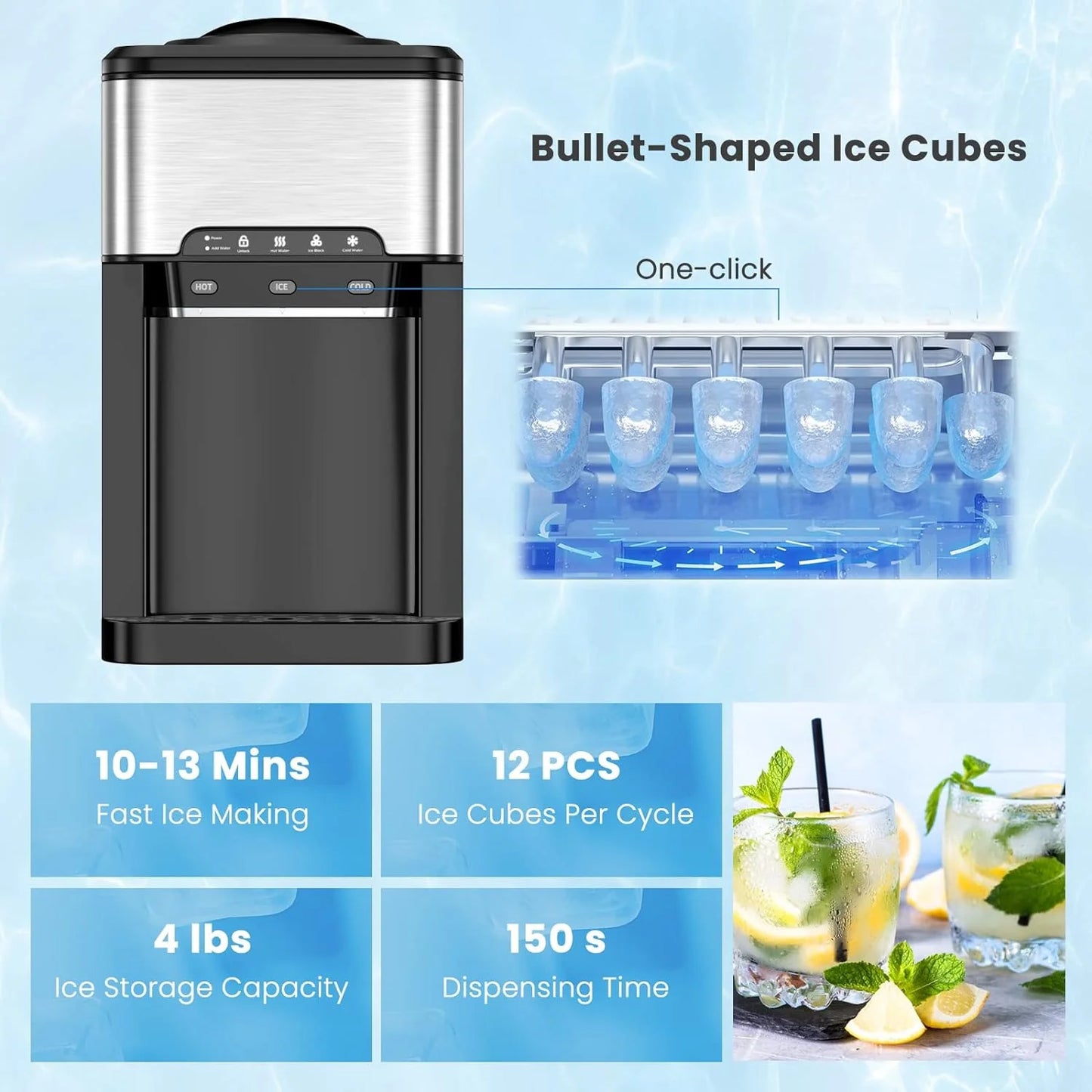 COOLBABY 3-in-1 Countertop Water Dispenser with Ice Maker – Hot & Cold Water, 12 Ice Cubes per Cycle, 3–5 Gallon Top Loading, Stainless Steel HK-25YLR