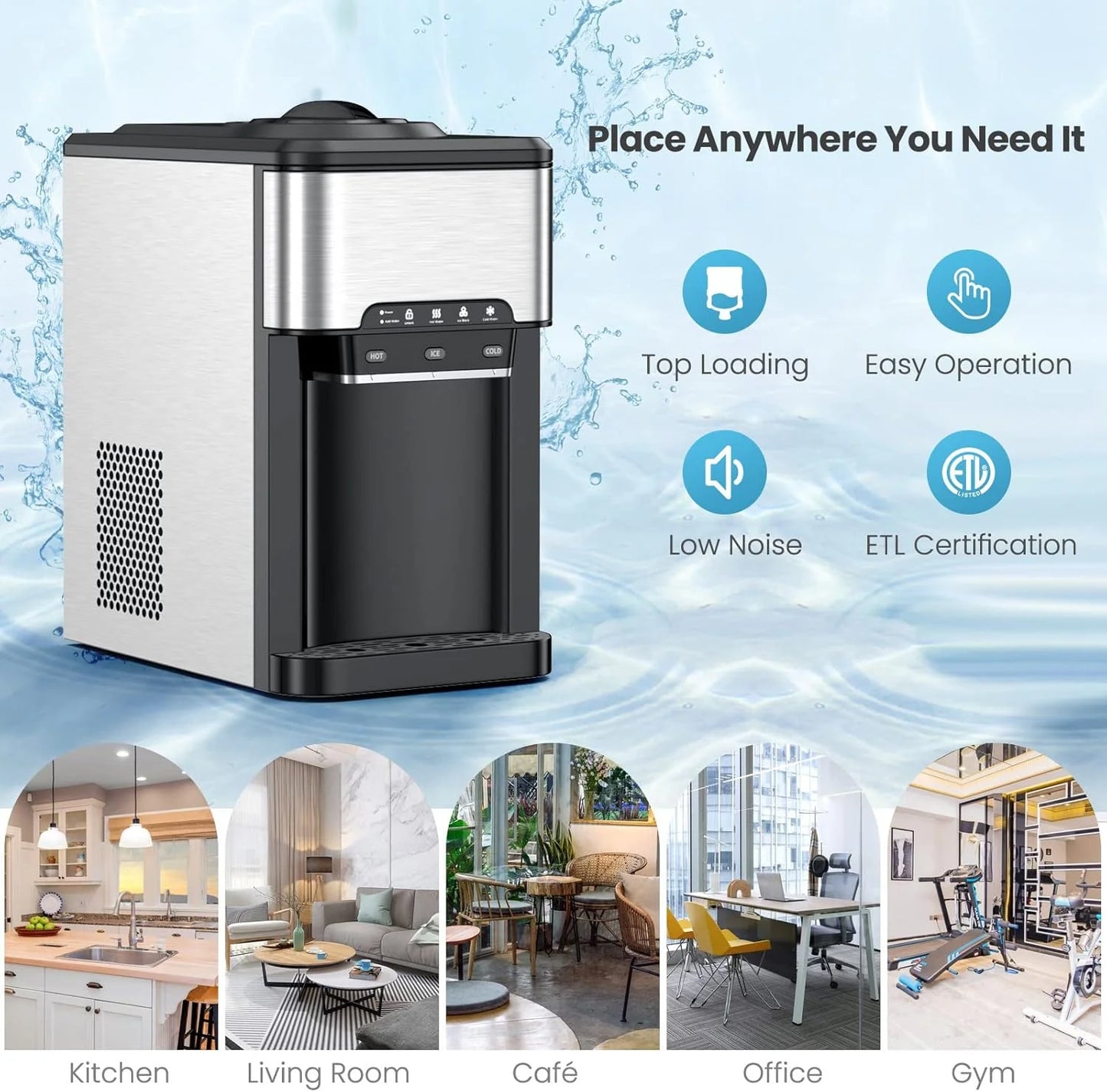 COOLBABY 3-in-1 Countertop Water Dispenser with Ice Maker – Hot & Cold Water, 12 Ice Cubes per Cycle, 3–5 Gallon Top Loading, Stainless Steel HK-25YLR