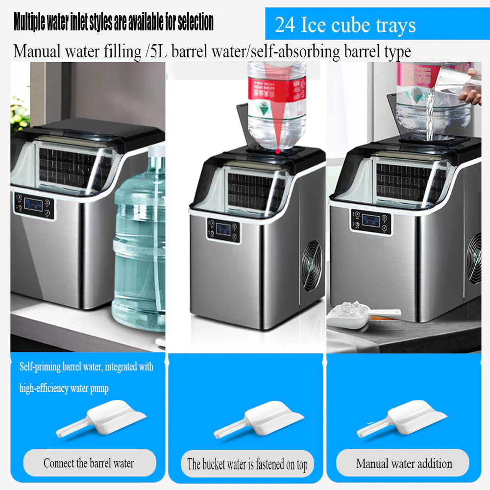 Countertop Ice Maker Machine 30KG/24H – Stainless Steel Square Ice Maker with LCD Display, 24 Cubes per Cycle & Multiple Water Supply Options
