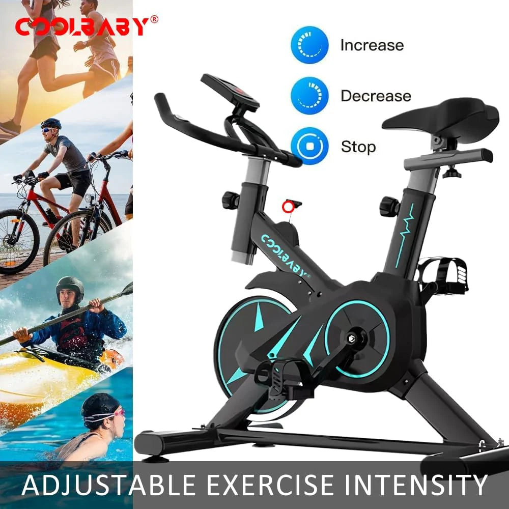 COOLBABY Indoor Cycling Bike for Home Gym - Magnetic Resistance, Height Adjustable Seat, Display, Phone Holder, Heart Rate Monitor, 220lb Capacity