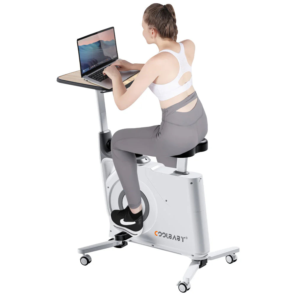 COOLBABY Exercise Bike with Desk,Home Office Fitnessbike,8-Level Magnetic Resistance,Foldable Base,LCD Monitor, Max 120 KG,LZM-JSC04