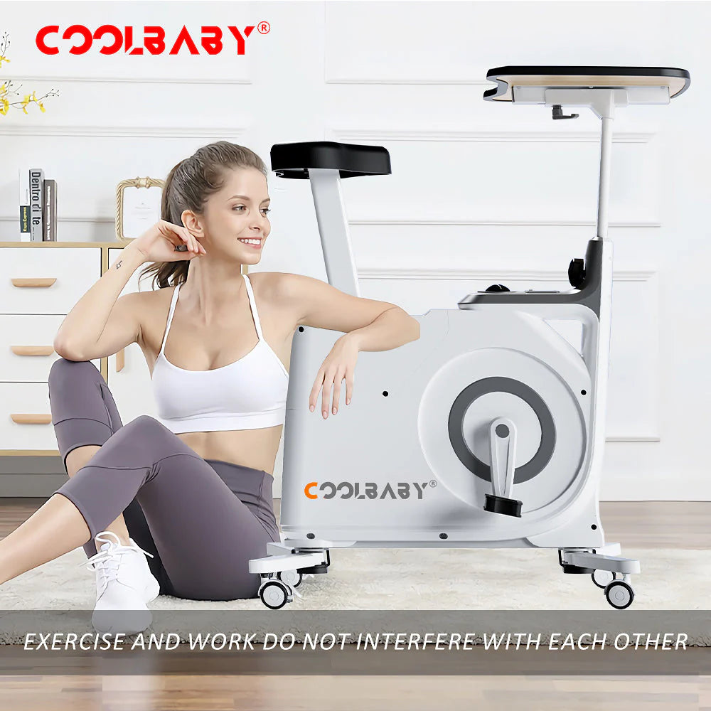 COOLBABY Exercise Bike with Desk,Home Office Fitnessbike,8-Level Magnetic Resistance,Foldable Base,LCD Monitor, Max 120 KG,LZM-JSC04