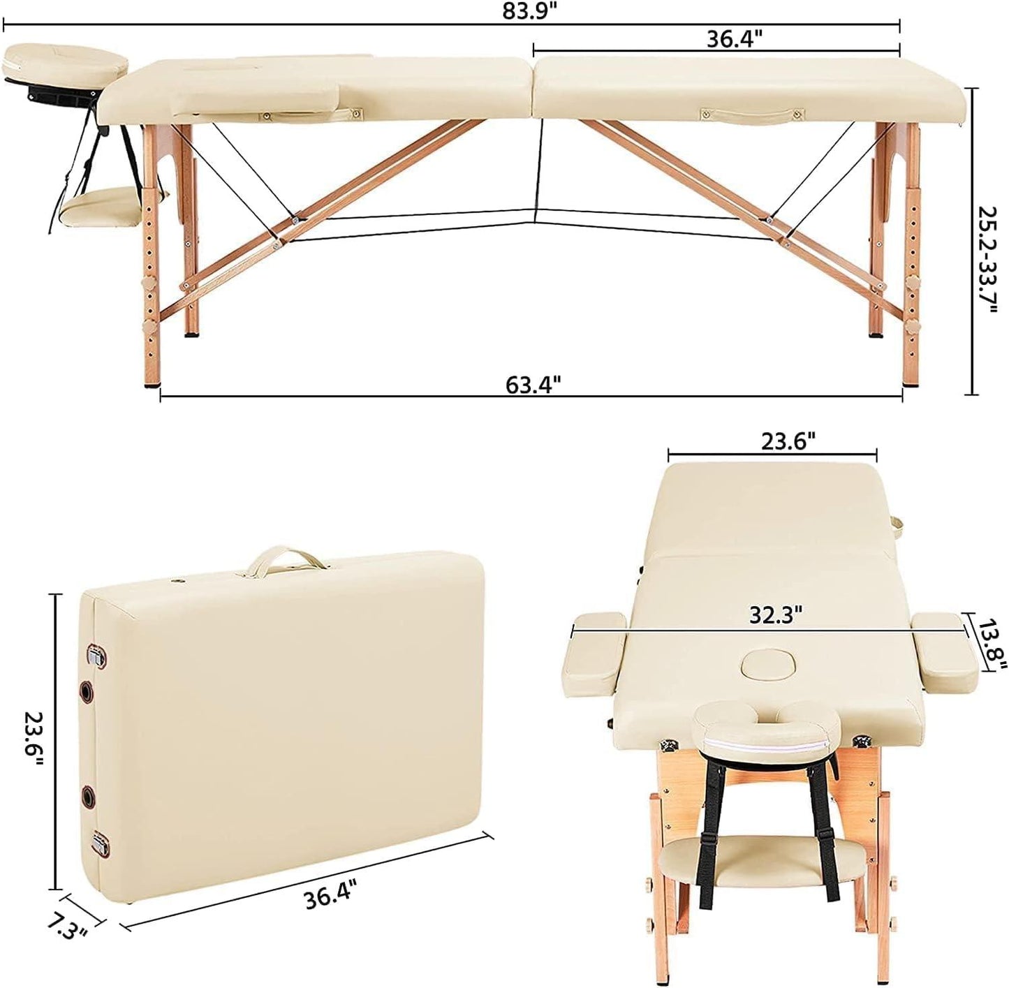 COOLBABY KYBJ-303 Portable Fitness Massage Table Professional Adjustable Folding Bed With 3 Sections Wooden Frame Ergonomic Headrest With Carrying Bag - CoolBabyMass