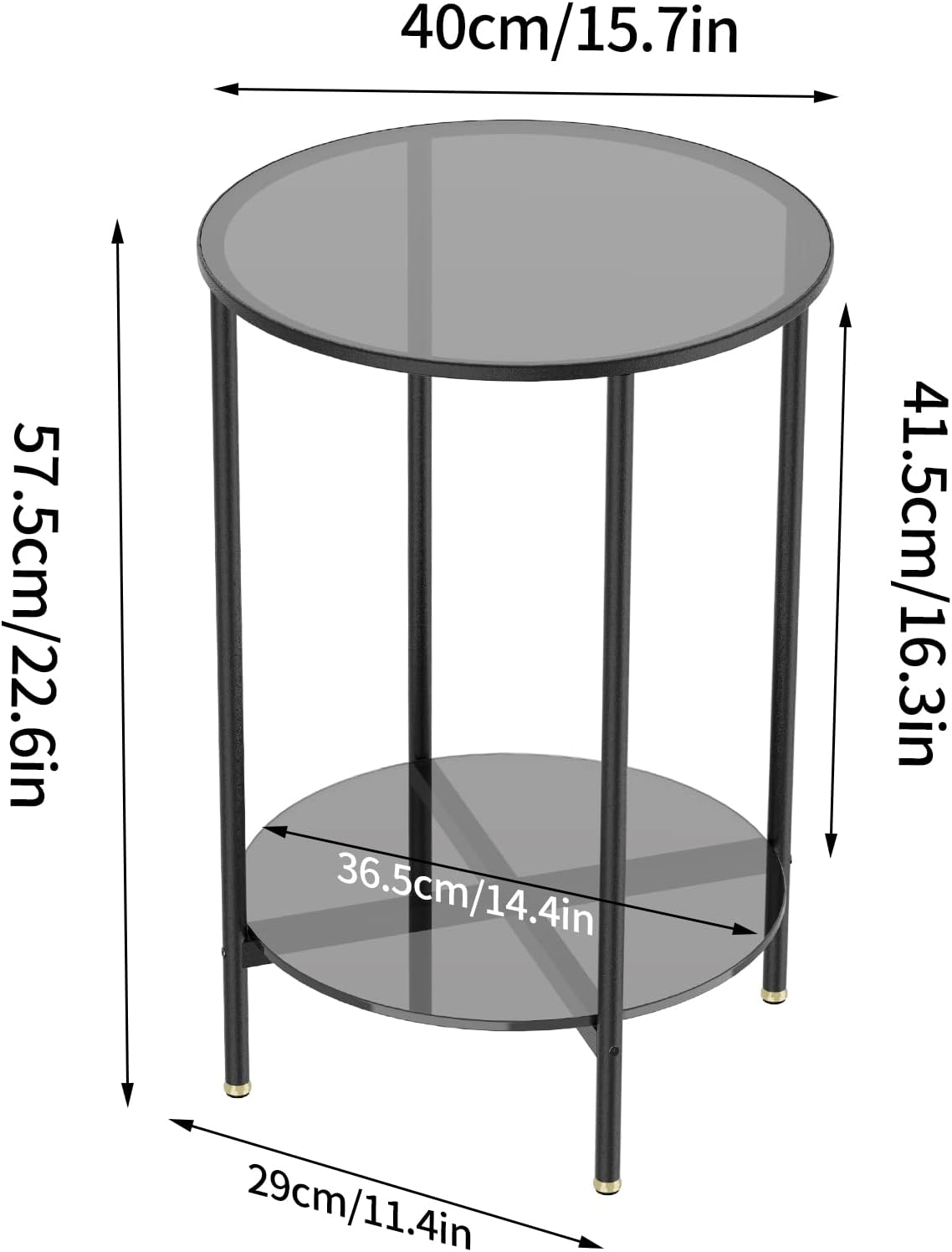 Tempered Glass Table: 2-Tier Round Side Table Gray Bedside Table Modern Storage Side Table Minimalist Glass Top End Table with Matt Black Frame Circle Bedside Sofa Side Table Living Room