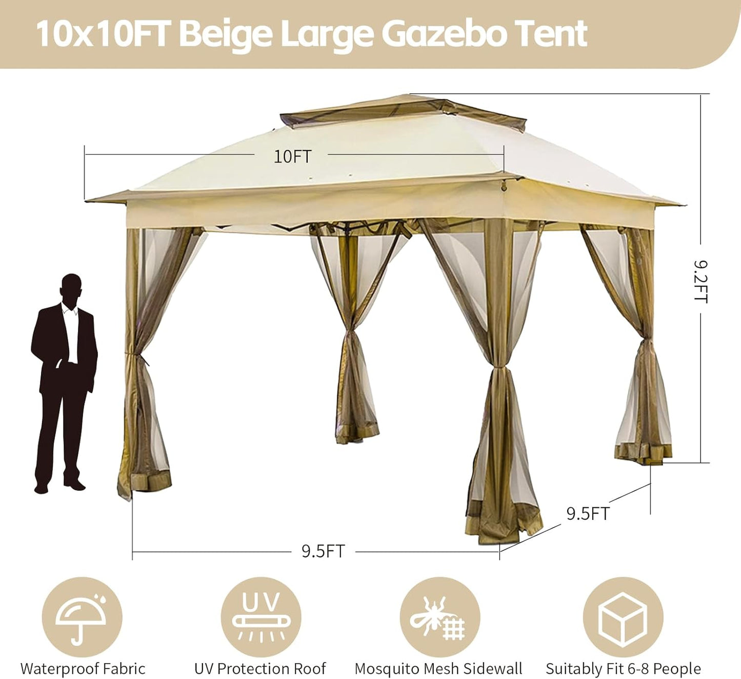 Portable Shelter for Outdoors 10’ x 10’ Pop Up Gazebo Canopy Tent, Outdoor Gazebo Canopy Shelter with Netting, Metal Frame Patio Gazebo Tent with Double Roof for Garden, Lawn, Backyard, Party, Khaki