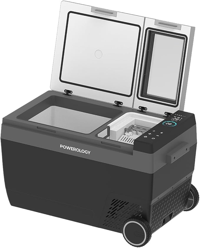 Dual-Zone Portable Fridge & Ice Maker – Car Refrigerator with Fast Ice, Wheels, Pull Handle & Child Lock