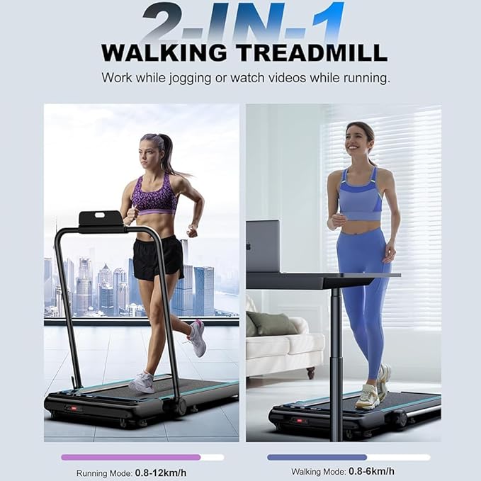 Folding Treadmill, 2 in 1 Under Desk Treadmill with Bluetooth Audio for Office, Home, Adjustable Speeds