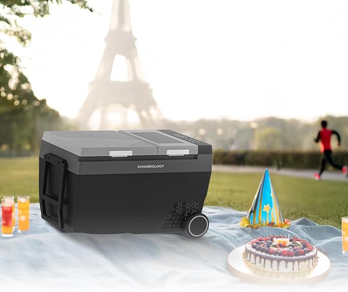 Dual-Zone Portable Fridge & Ice Maker – Car Refrigerator with Fast Ice, Wheels, Pull Handle & Child Lock