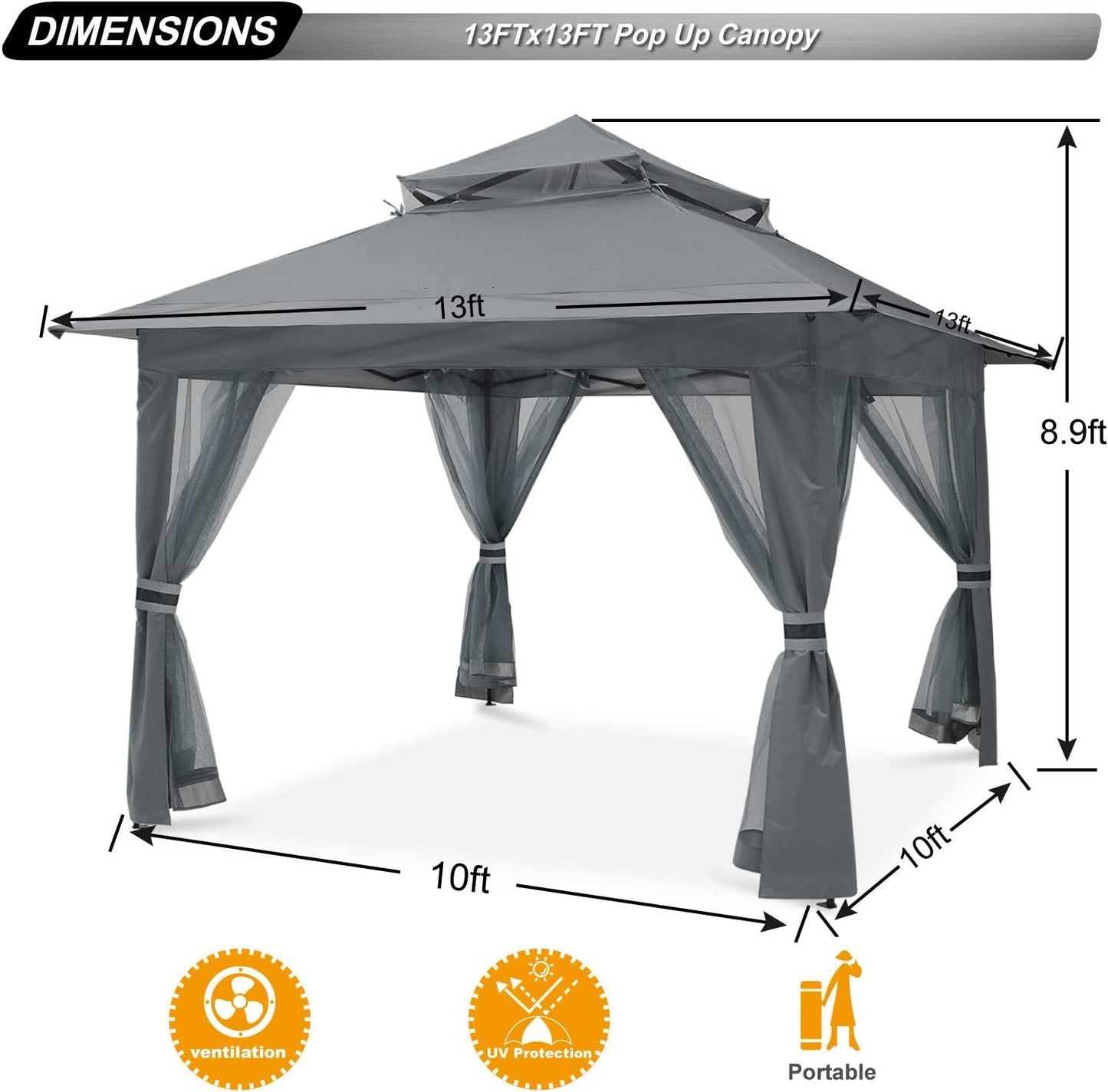 SkyCover Pop-Up Gazebo – Set Up in Seconds Fold & Go Gazebo – Lightweight, Durable, and Fast Setup Pop Up Gazebo 13x13 - Outdoor Canopy Tent with Mosquito Netting for Patio Garden Backyard