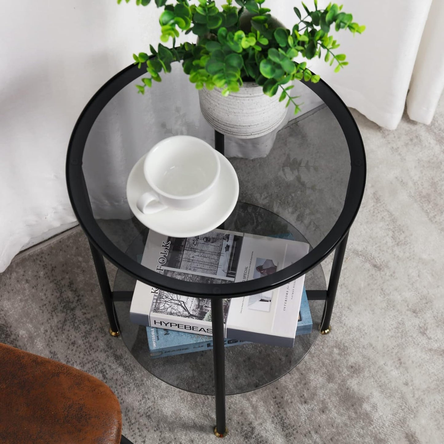 Tempered Glass Table: 2-Tier Round Side Table Gray Bedside Table Modern Storage Side Table Minimalist Glass Top End Table with Matt Black Frame Circle Bedside Sofa Side Table Living Room
