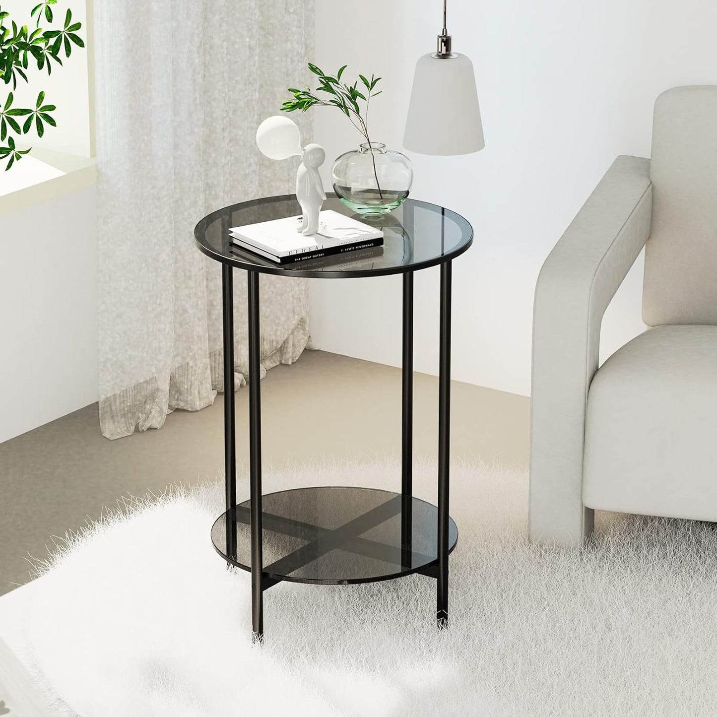 Tempered Glass Table: 2-Tier Round Side Table Gray Bedside Table Modern Storage Side Table Minimalist Glass Top End Table with Matt Black Frame Circle Bedside Sofa Side Table Living Room