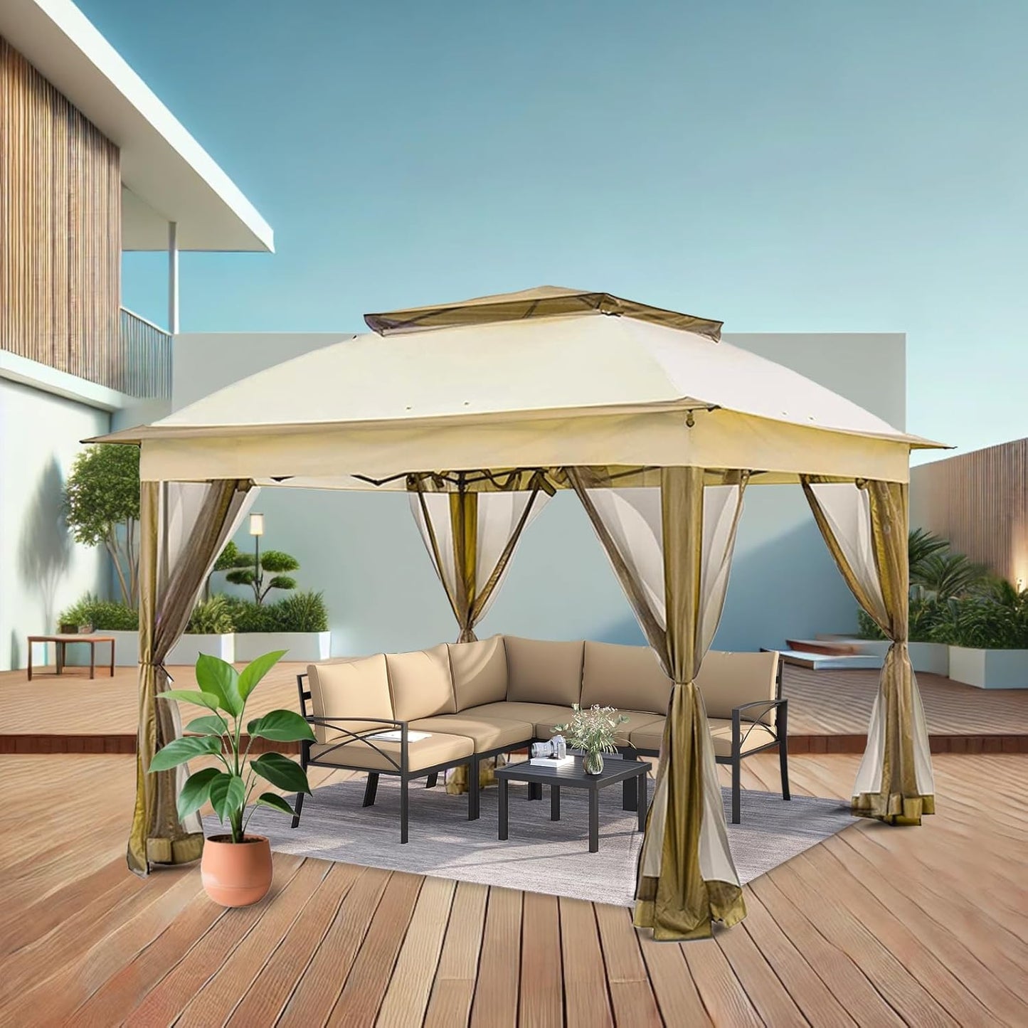 Portable Shelter for Outdoors 10’ x 10’ Pop Up Gazebo Canopy Tent, Outdoor Gazebo Canopy Shelter with Netting, Metal Frame Patio Gazebo Tent with Double Roof for Garden, Lawn, Backyard, Party, Khaki