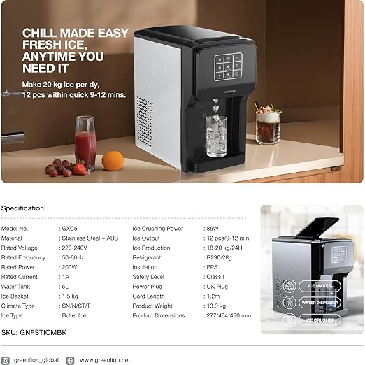 3-in-1 Ice Maker, Water Dispenser & Ice Crusher – 18–20KG/Day with 5L Tank and Touch Contro