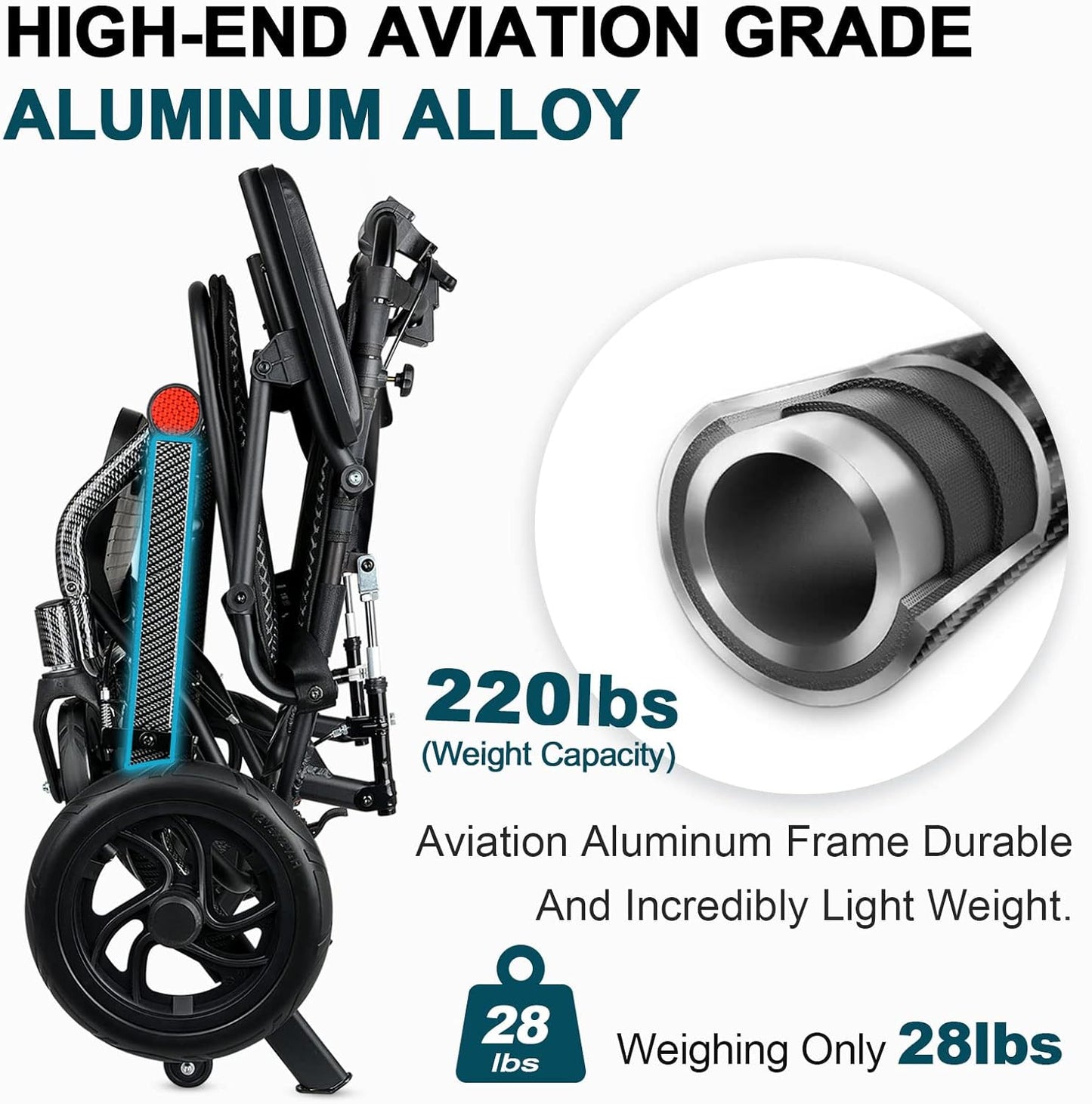 Lightweight Aluminum Manual Reclining Travel Wheelchair for Adults & Seniors 220lbs Capacity Folding Transit Wheelchair