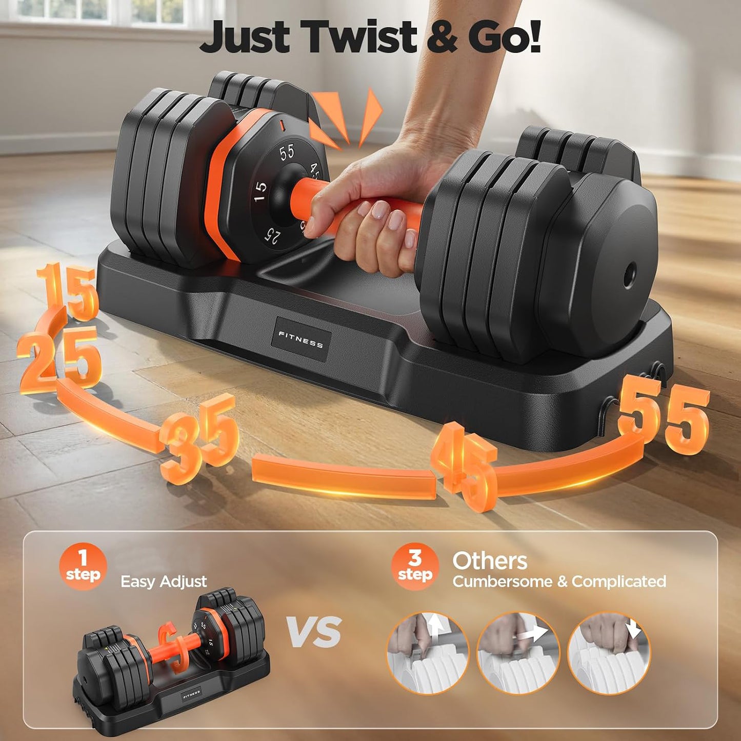 55lbs Weights Dumbbell Set with Storage Box, Updated Adjustable Dumbbell Set of 2,  55lbs Adjustable
