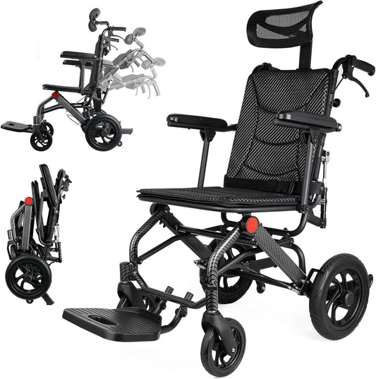 Lightweight Aluminum Manual Reclining Travel Wheelchair for Adults & Seniors 220lbs Capacity Folding Transit Wheelchair