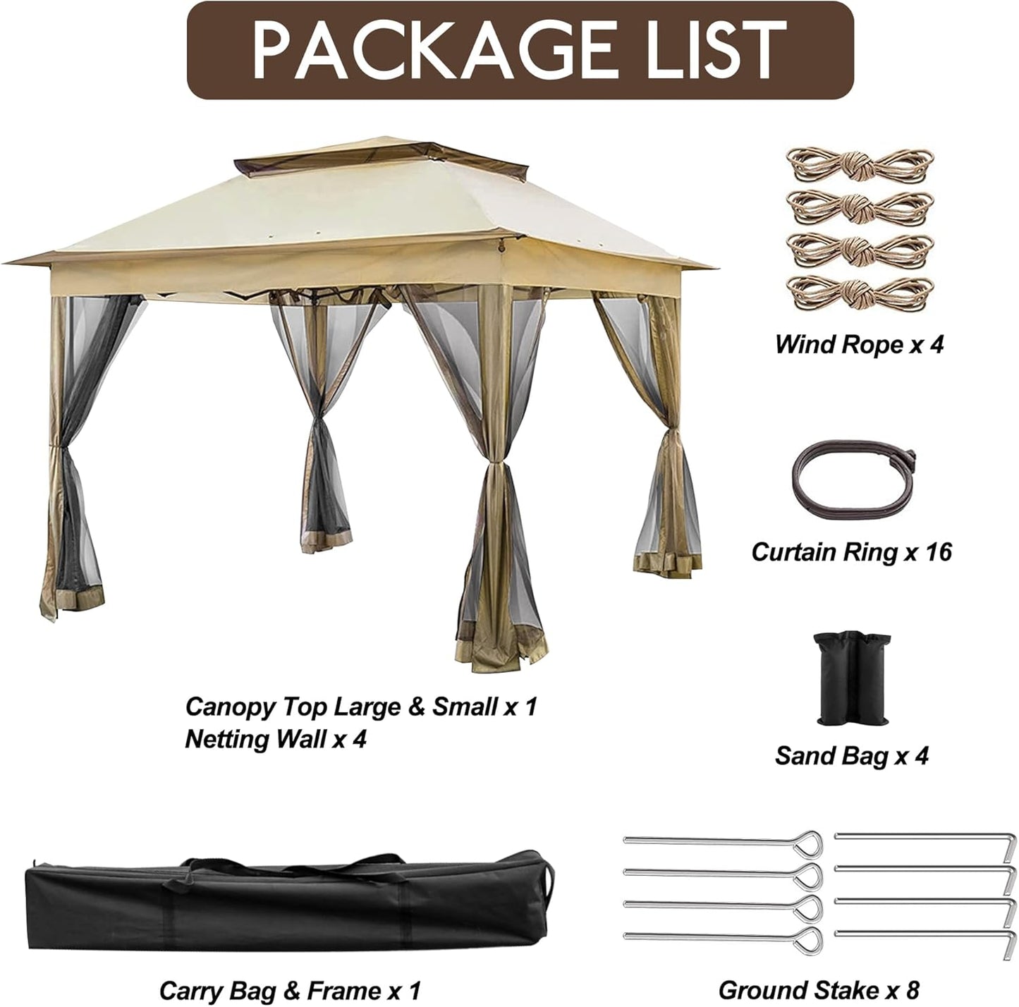 Portable Shelter for Outdoors 10’ x 10’ Pop Up Gazebo Canopy Tent, Outdoor Gazebo Canopy Shelter with Netting, Metal Frame Patio Gazebo Tent with Double Roof for Garden, Lawn, Backyard, Party, Khaki
