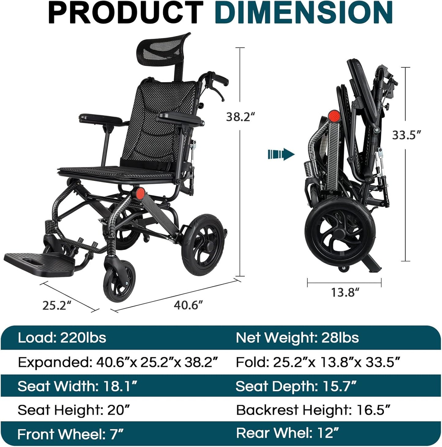 Lightweight Aluminum Manual Reclining Travel Wheelchair for Adults & Seniors 220lbs Capacity Folding Transit Wheelchair