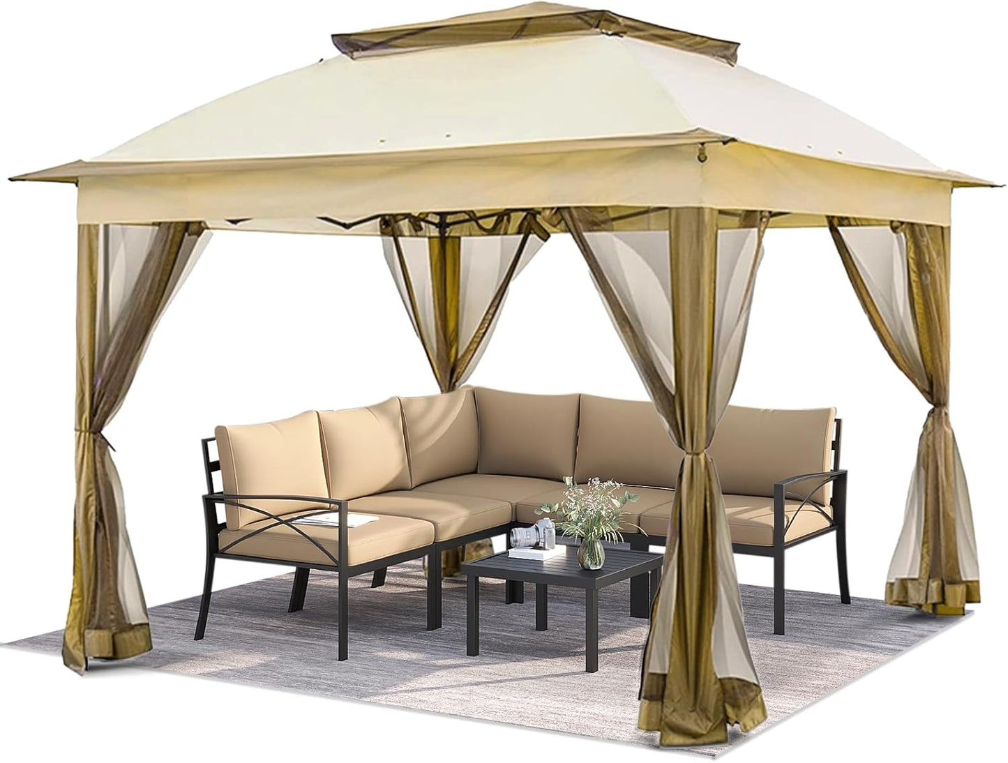 Portable Shelter for Outdoors 10’ x 10’ Pop Up Gazebo Canopy Tent, Outdoor Gazebo Canopy Shelter with Netting, Metal Frame Patio Gazebo Tent with Double Roof for Garden, Lawn, Backyard, Party, Khaki