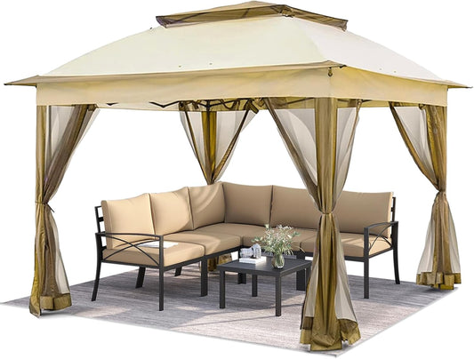 Portable Shelter for Outdoors 10’ x 10’ Pop Up Gazebo Canopy Tent, Outdoor Gazebo Canopy Shelter with Netting, Metal Frame Patio Gazebo Tent with Double Roof for Garden, Lawn, Backyard, Party, Khaki